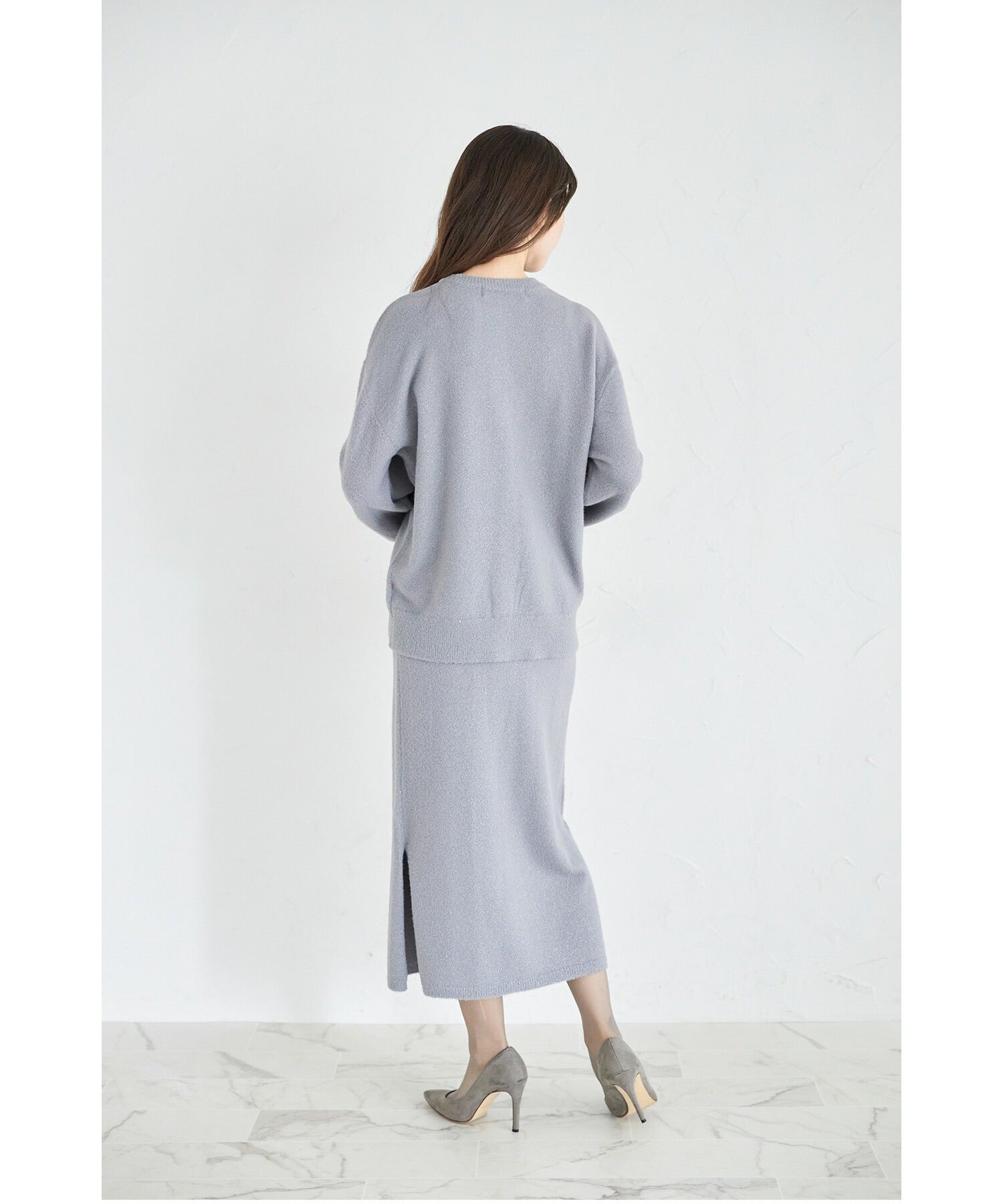 トッコクローゼット tocco closet パール釦カーディガン×タイトスカートのラメ入りフェザーニットセットアップ