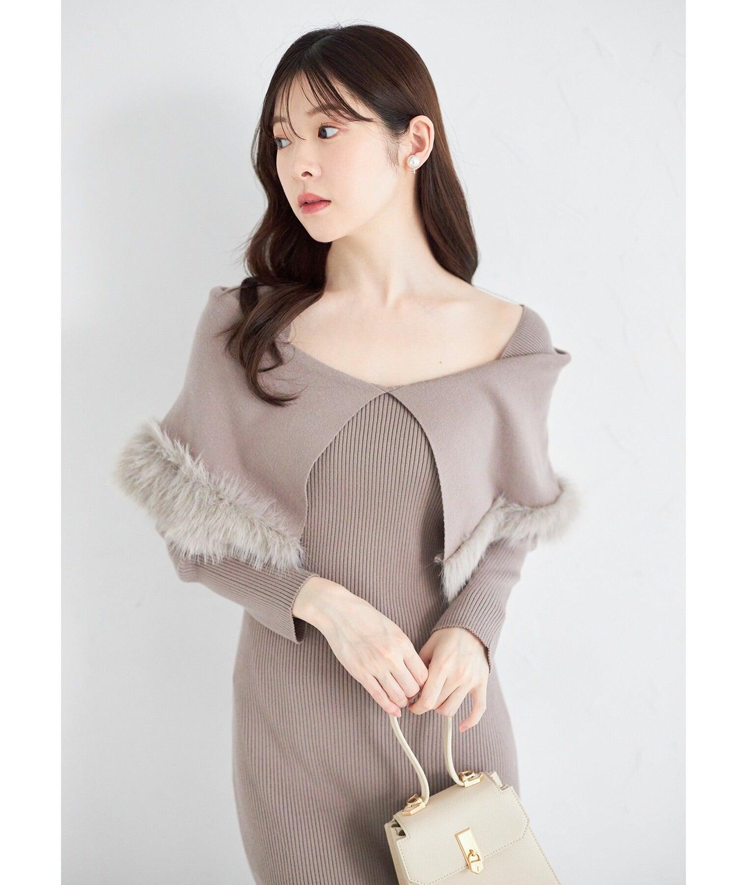 トッコクローゼット tocco closet ケープファー付きマーメイドリブニットワンピース