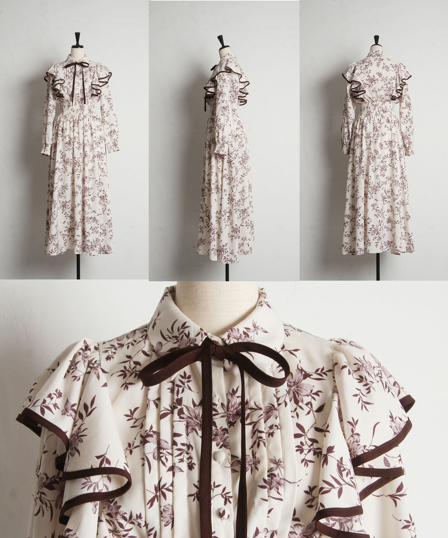 トッコクローゼット tocco closet リボン付きフリル×シャーリングフラワープリントシャツワンピース ブラック