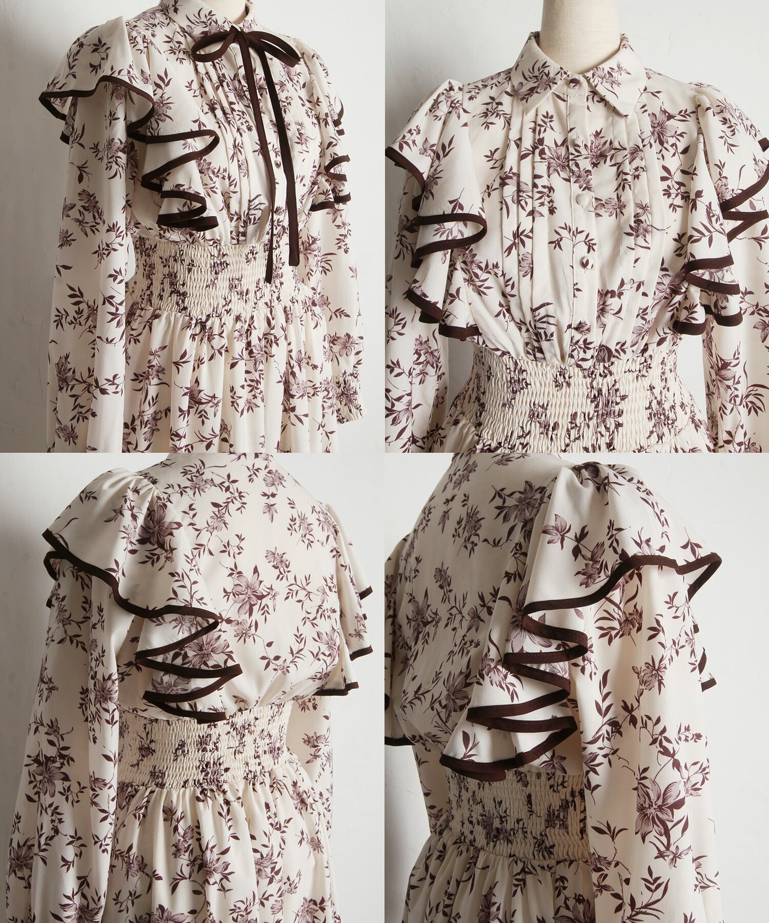 トッコクローゼット tocco closet リボン付きフリル×シャーリングフラワープリントシャツワンピース ブラック