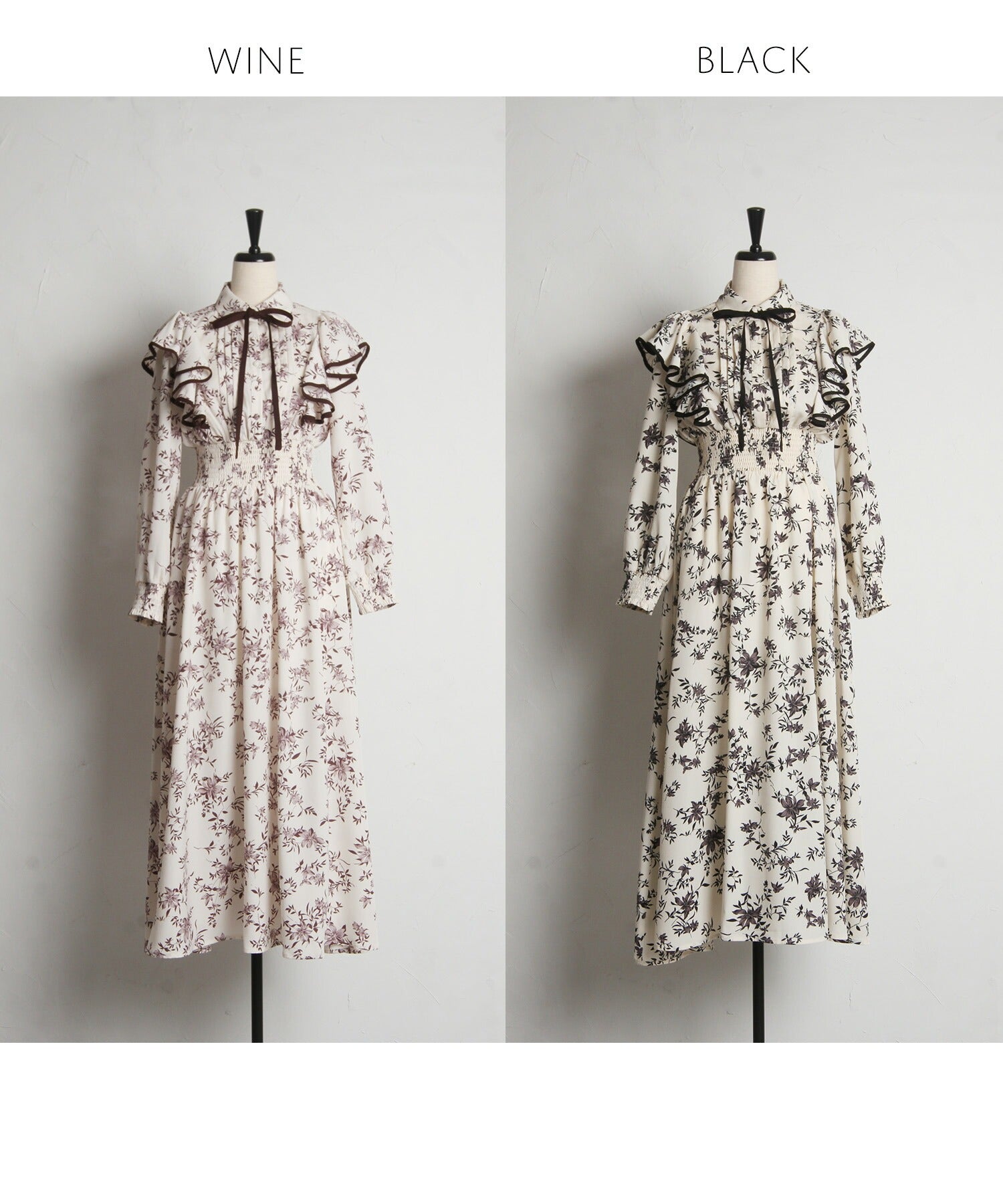 トッコクローゼット tocco closet リボン付きフリル×シャーリングフラワープリントシャツワンピース ブラック