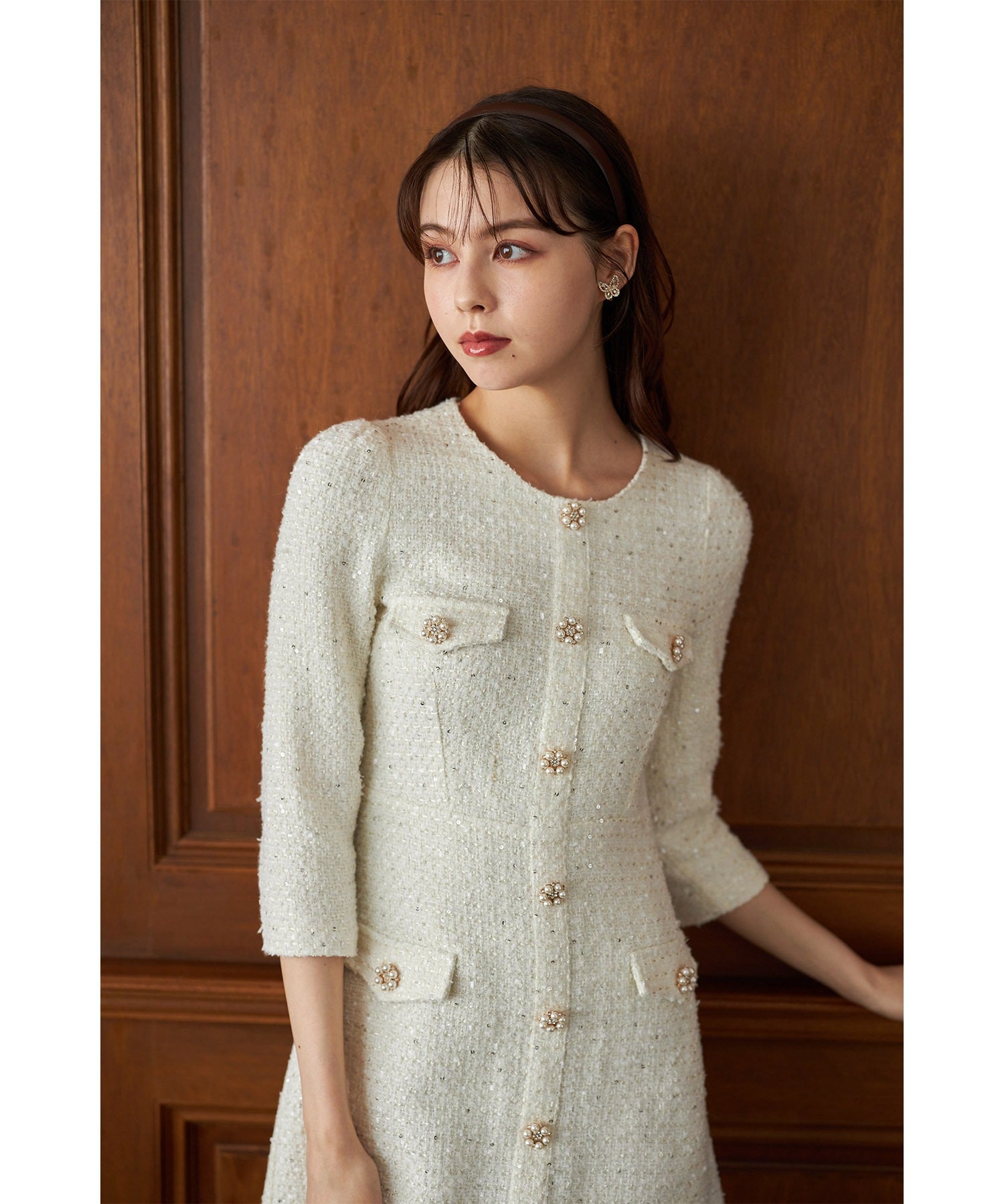 トッコクローゼット tocco closet 假口袋附珍珠珠飾鈕扣亮片呢子迷你連衣裙