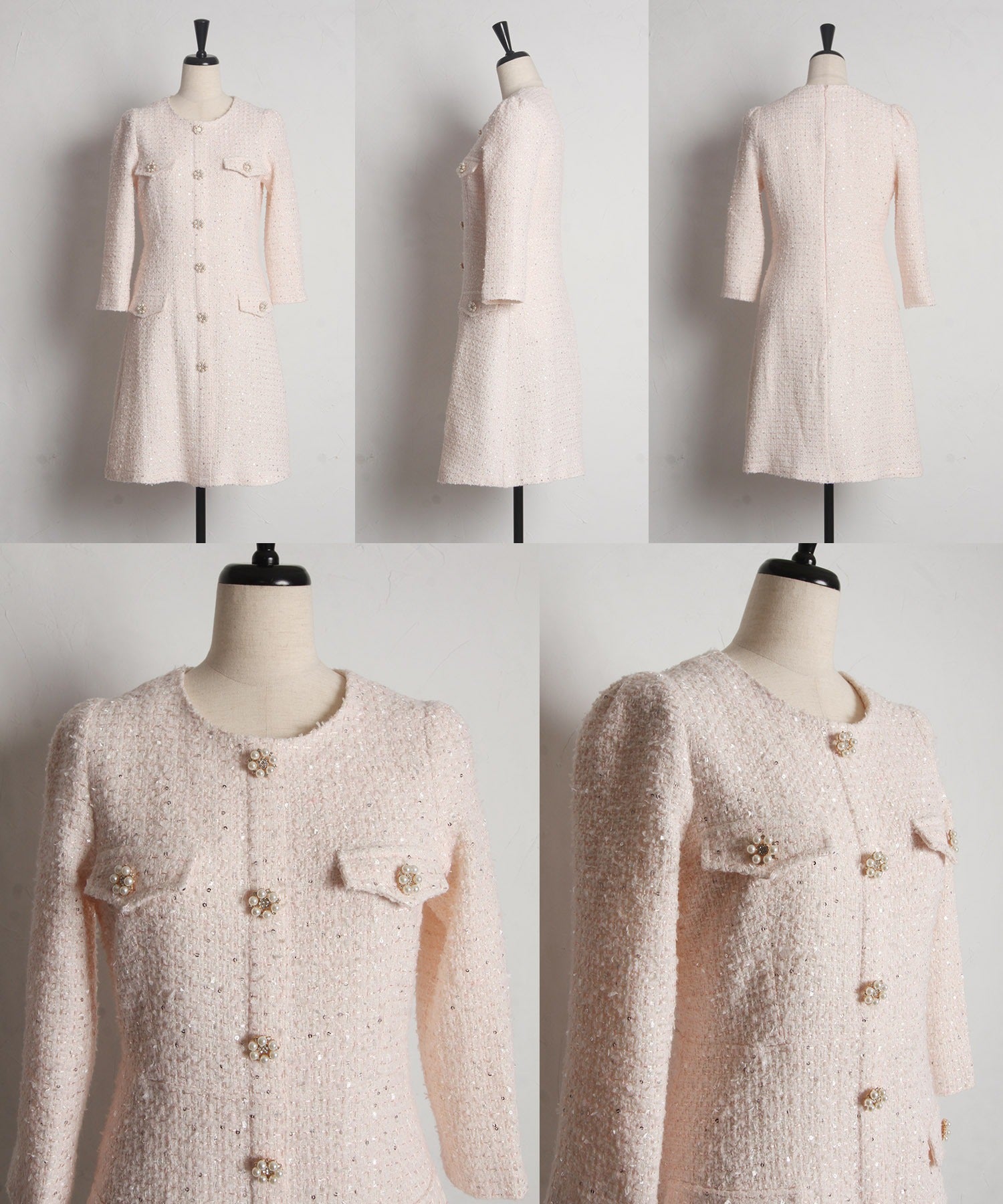 トッコクローゼット tocco closet 假口袋附珍珠珠飾鈕扣亮片呢子迷你連衣裙