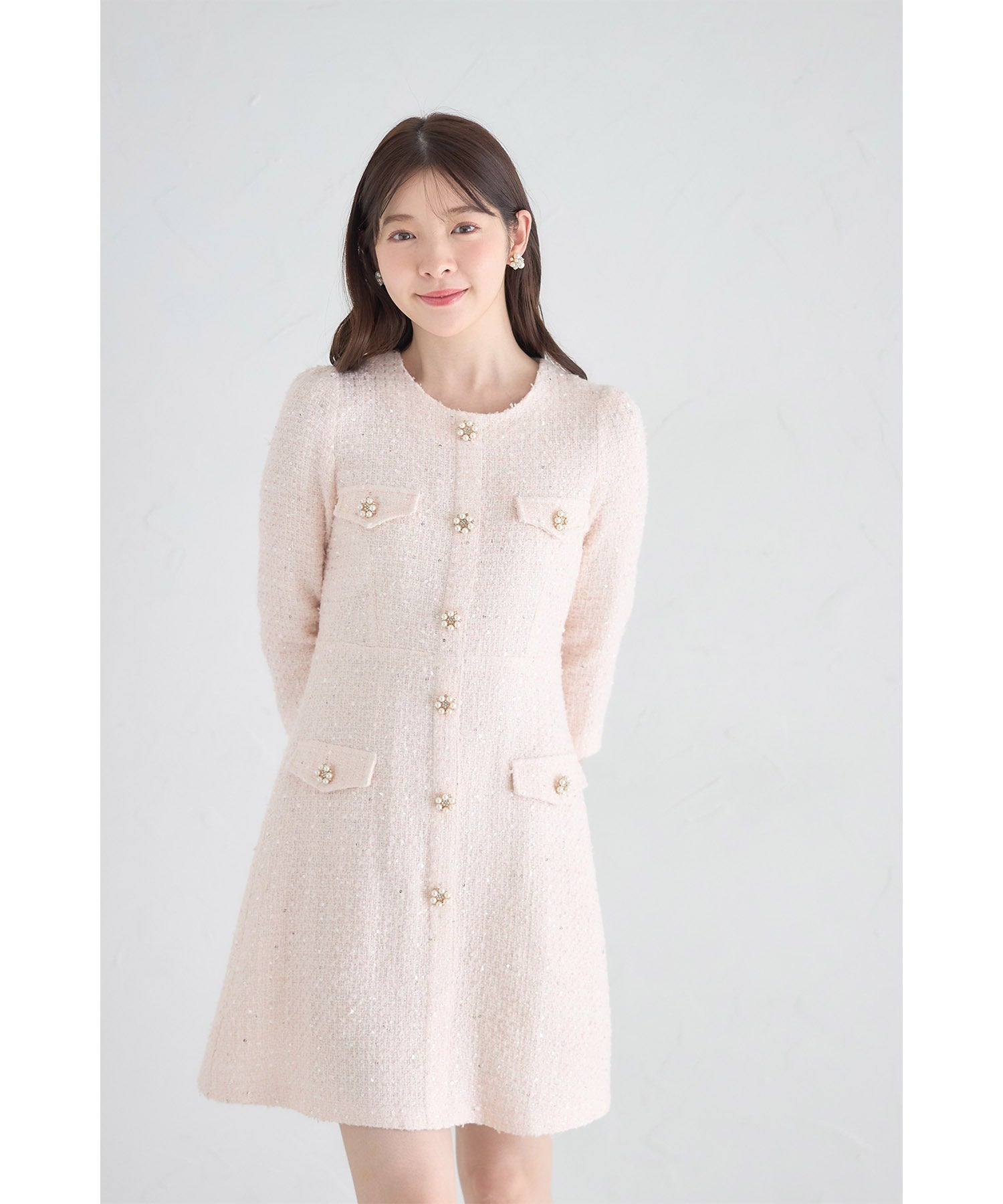 トッコクローゼット tocco closet 假口袋附珍珠珠飾鈕扣亮片呢子迷你連衣裙