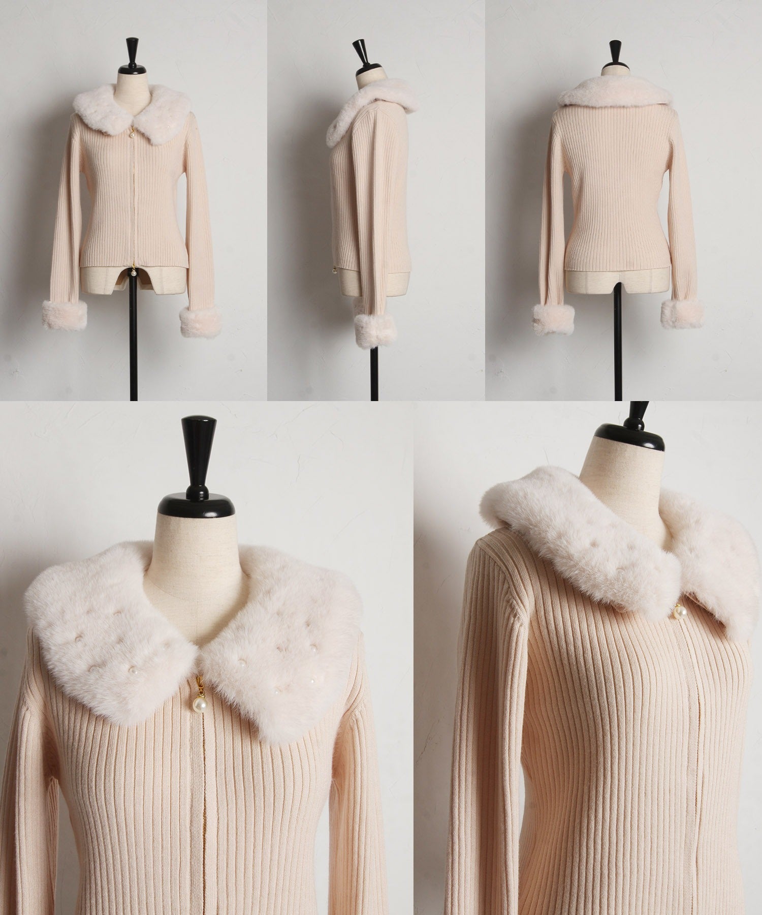 トッコクローゼット tocco closet 取り外し可能なファー付きパール装飾ジップリブニットプルオーバー ベージュ