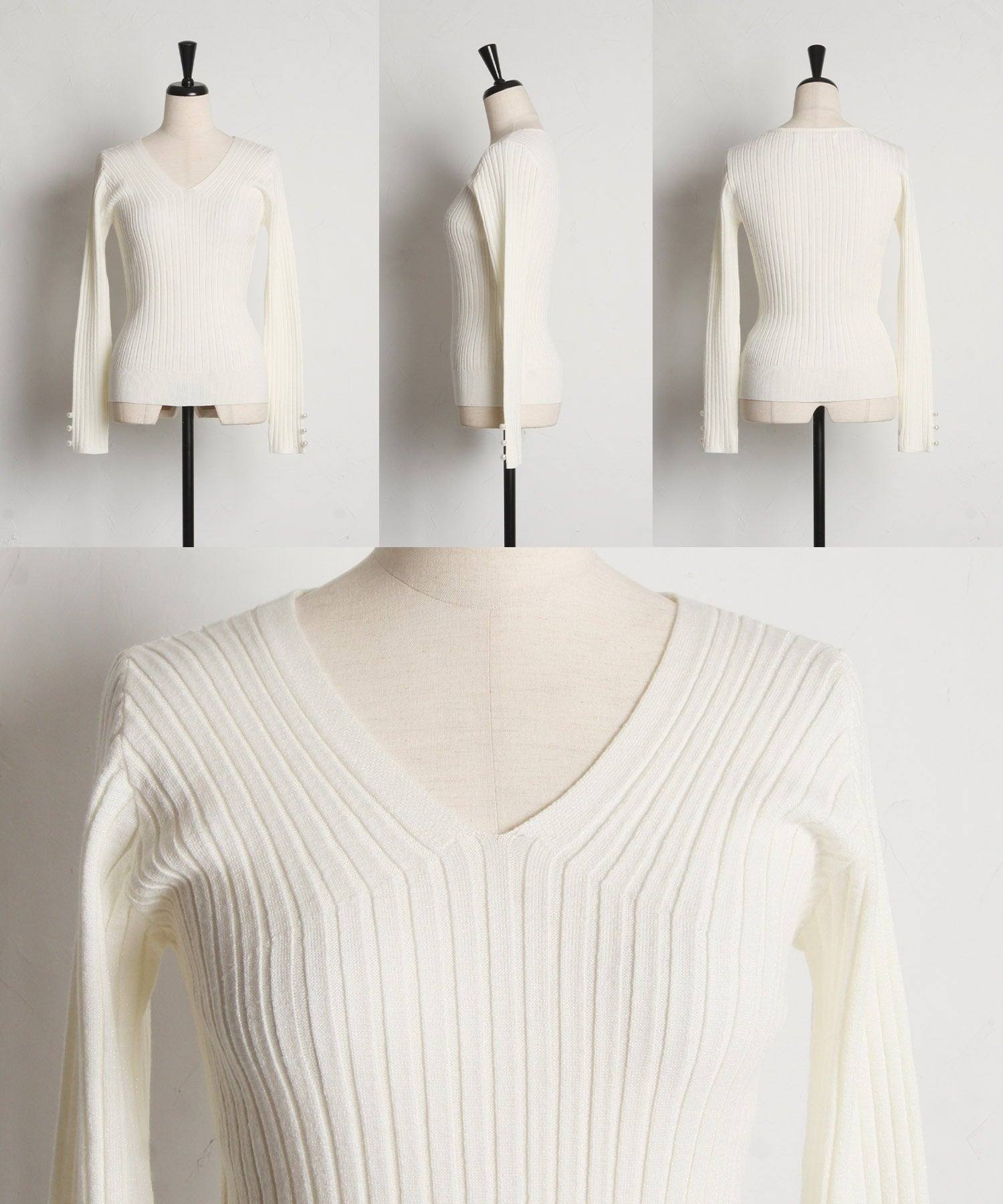 トッコクローゼット tocco closet 袖口珍珠裝飾V領羅紋針織套頭衫