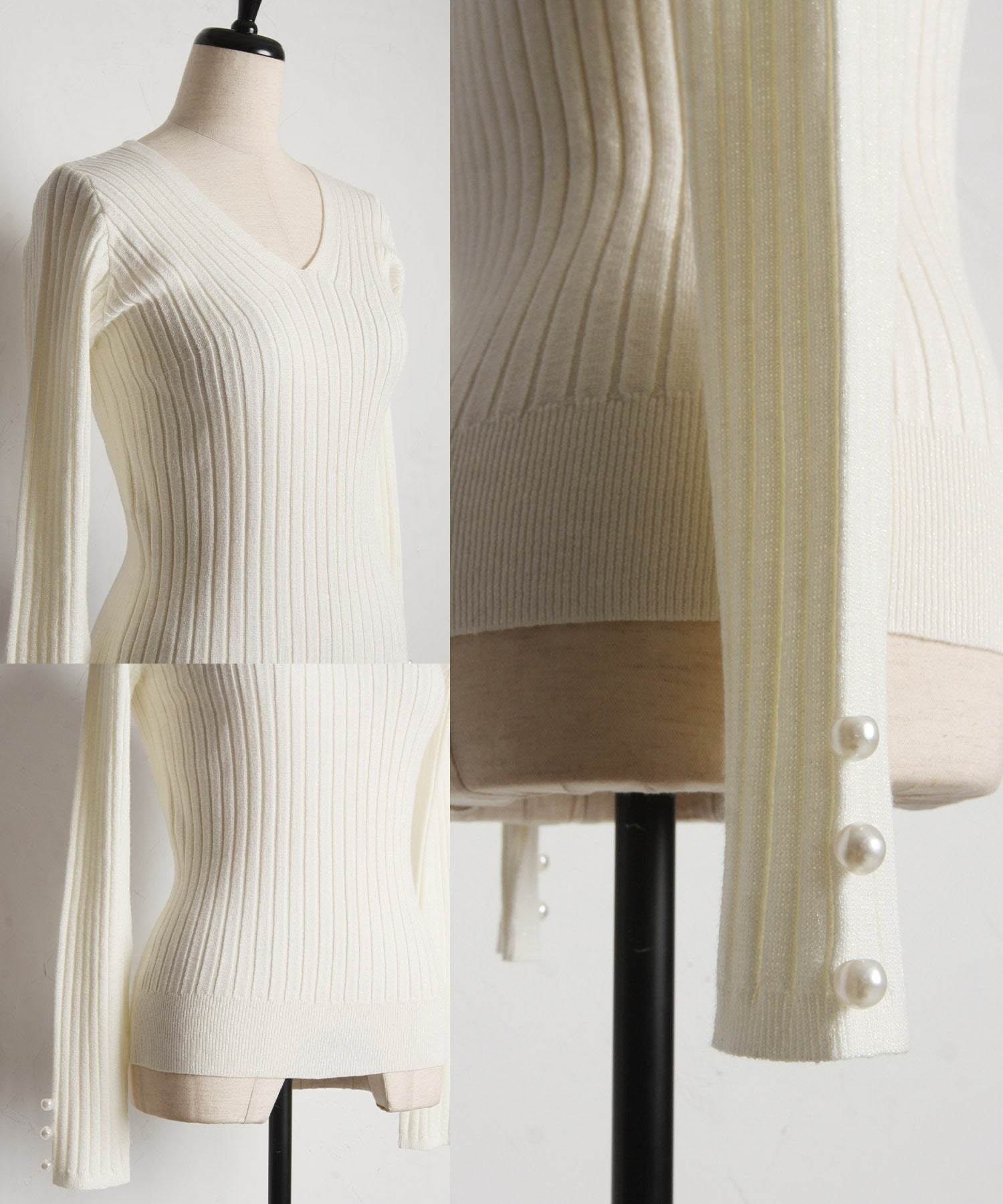 トッコクローゼット tocco closet 袖口珍珠裝飾V領羅紋針織套頭衫