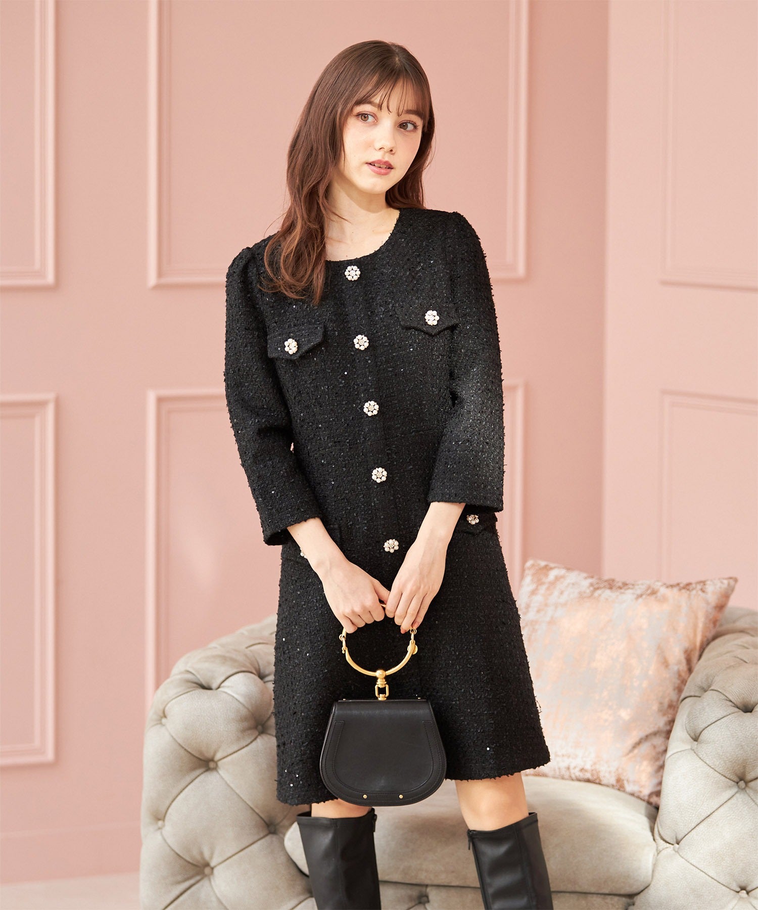 トッコクローゼット tocco closet 假口袋附珍珠珠飾鈕扣亮片呢子迷你連衣裙