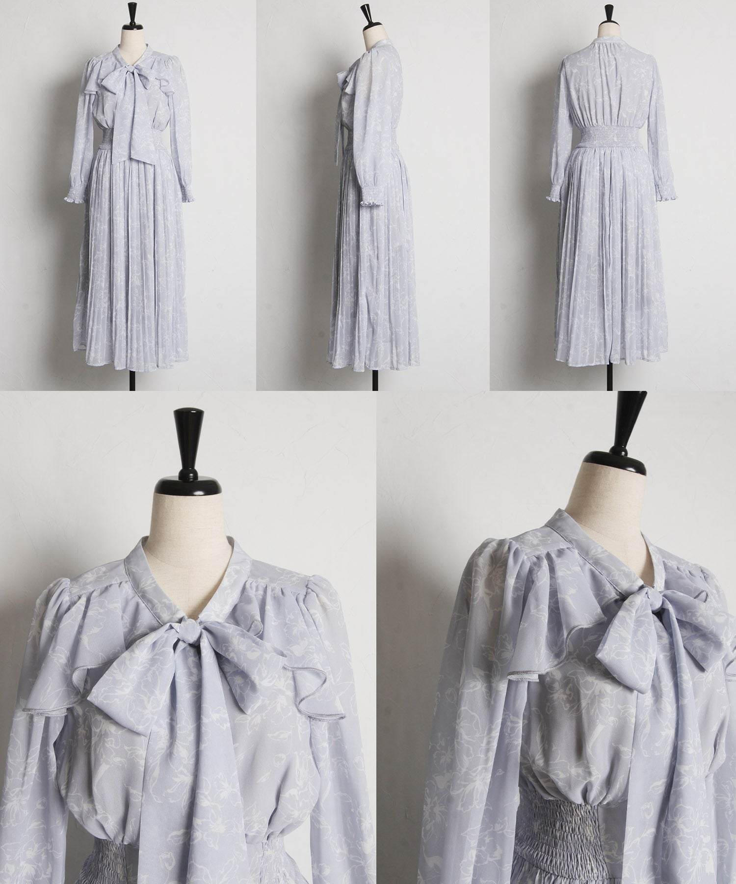 トッコクローゼット tocco closet 蝴蝶結緞帶附領口荷葉邊花卉印花皺褶連衣裙