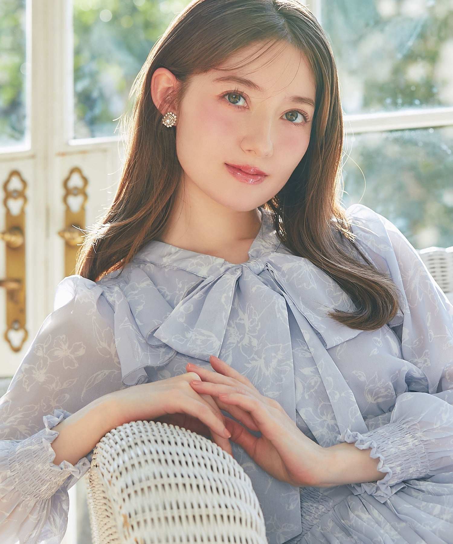 トッコクローゼット tocco closet 蝴蝶結緞帶附領口荷葉邊花卉印花皺褶連衣裙