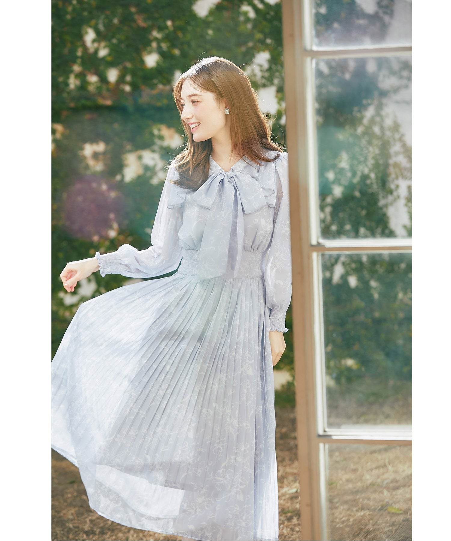 トッコクローゼット tocco closet 蝴蝶結緞帶附領口荷葉邊花卉印花皺褶連衣裙