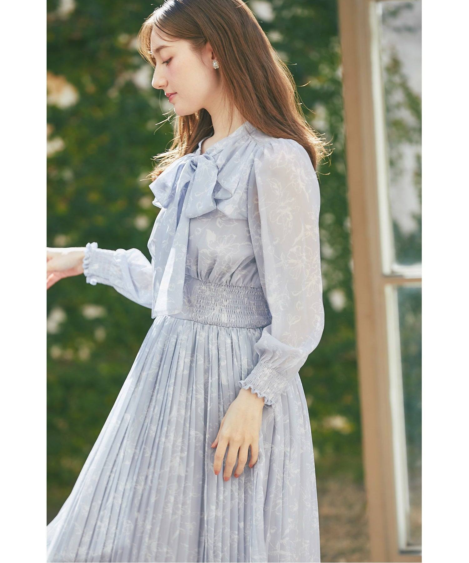 トッコクローゼット tocco closet 蝴蝶結緞帶附領口荷葉邊花卉印花皺褶連衣裙