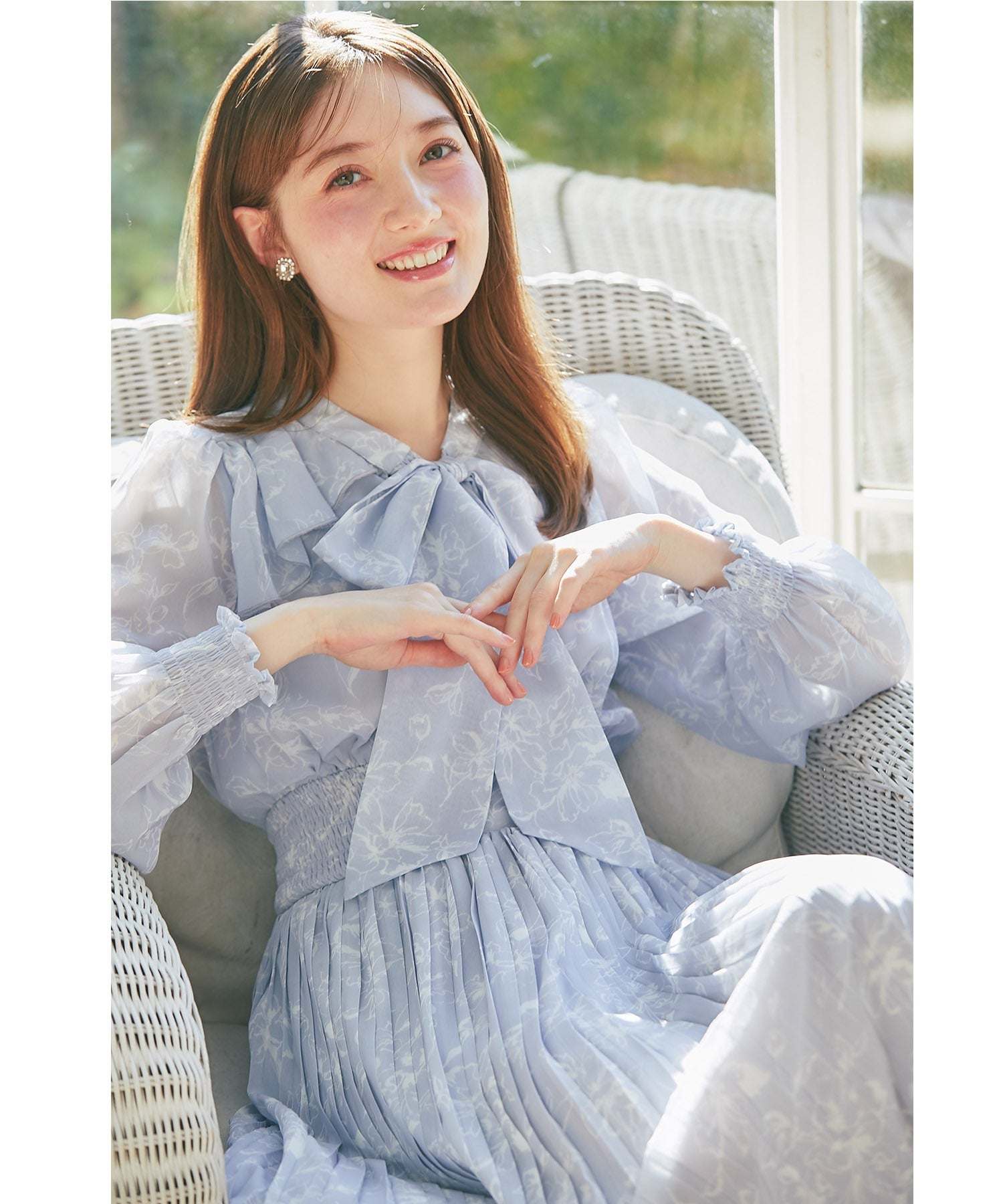 トッコクローゼット tocco closet 蝴蝶結緞帶附領口荷葉邊花卉印花皺褶連衣裙