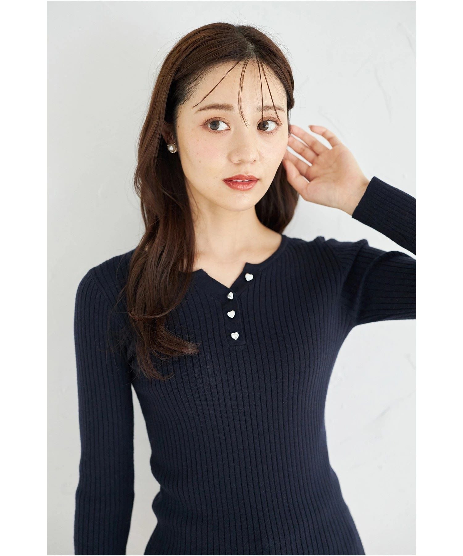 Tocco Closet Henry Neck Heart Button Rib Knit