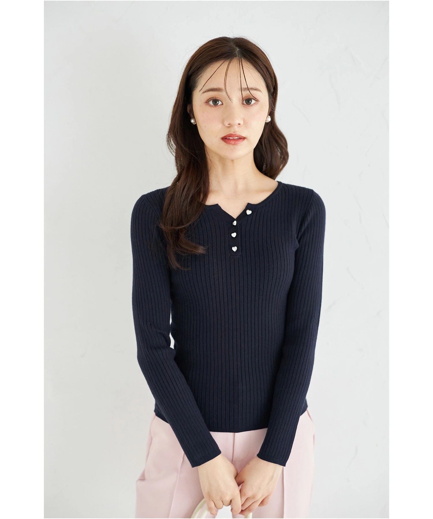 Tocco Closet Henry Neck Heart Button Rib Knit