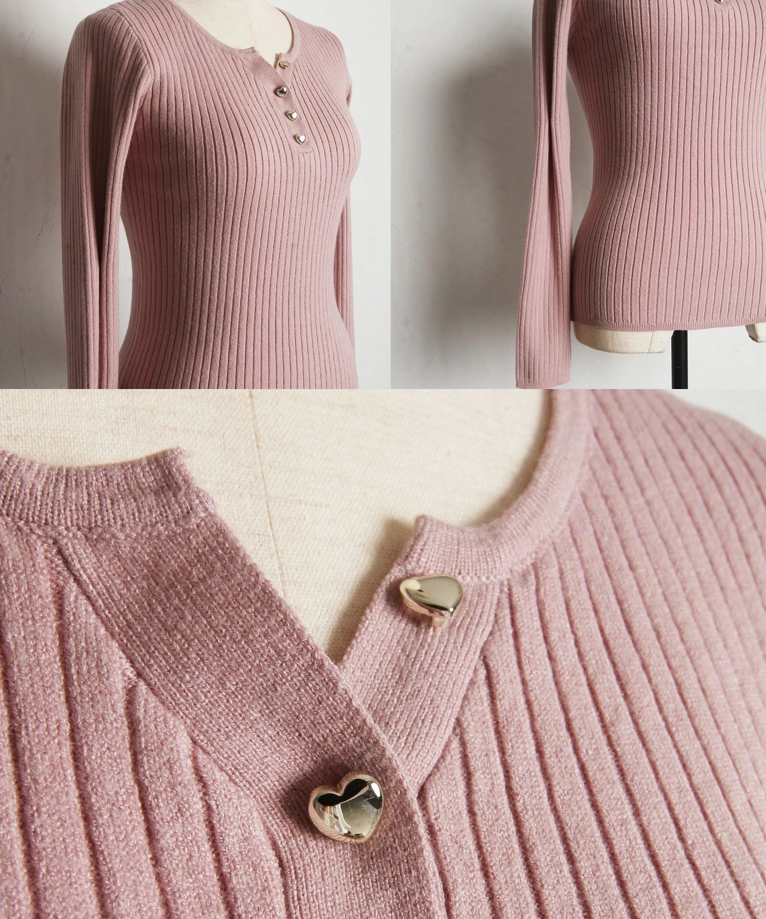 Tocco Closet Henry Neck Heart Button Rib Knit