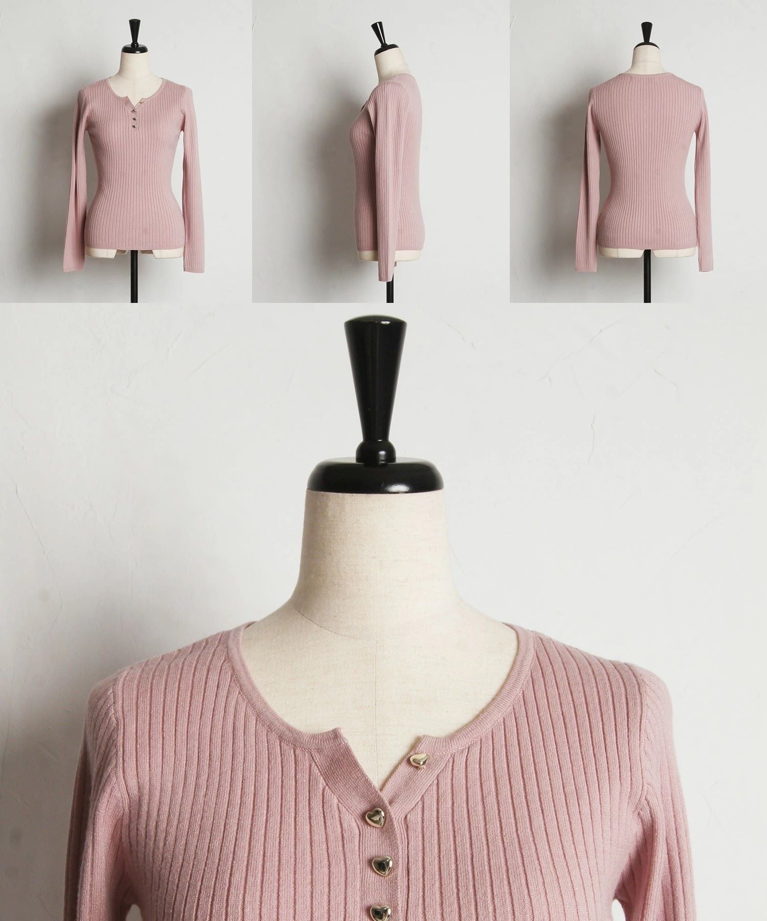 Tocco Closet Henry Neck Heart Button Rib Knit