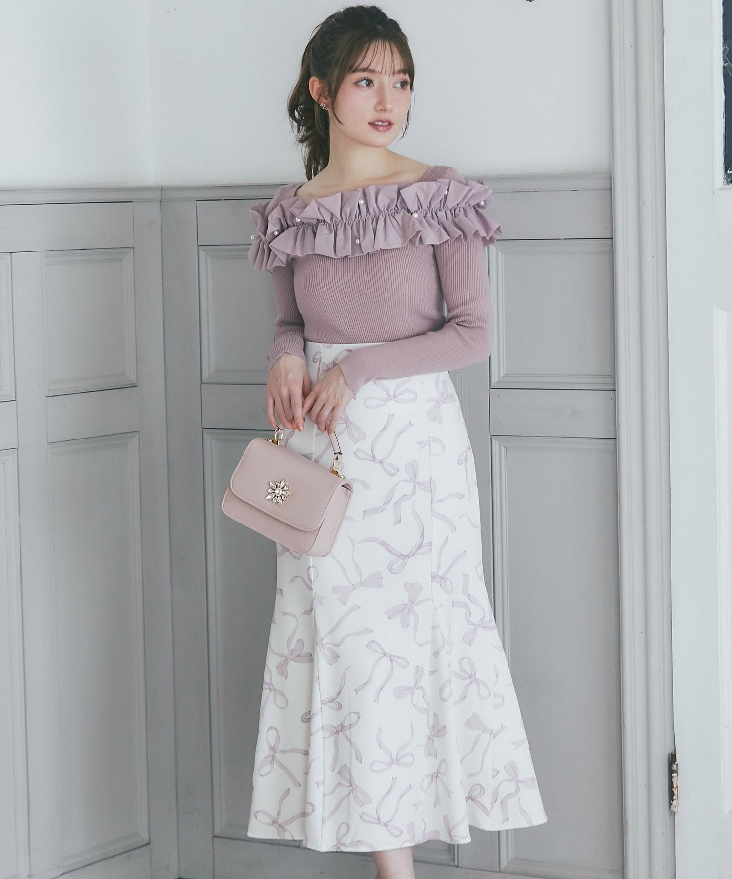 Tocco Closet Back Lace-Up Ribbon Print Mermaid Skirt