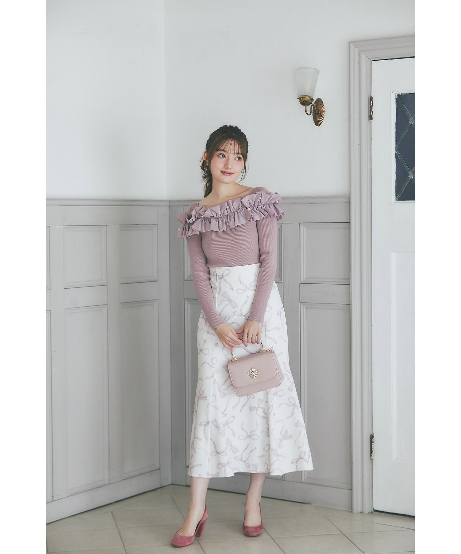 Tocco Closet Back Lace-Up Ribbon Print Mermaid Skirt