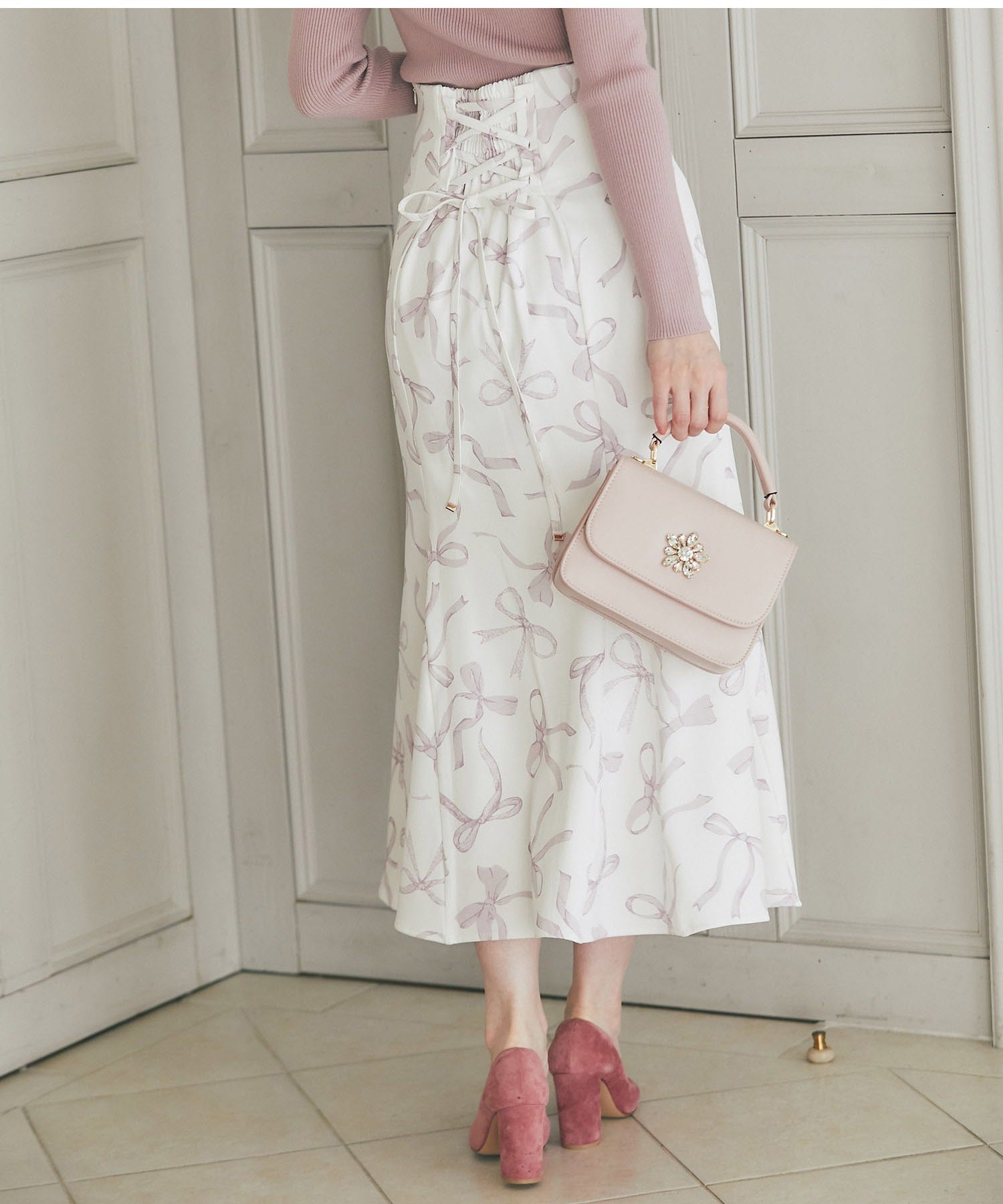 Tocco Closet Back Lace-Up Ribbon Print Mermaid Skirt