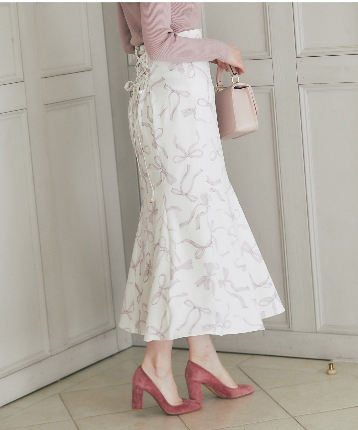 Tocco Closet Back Lace-Up Ribbon Print Mermaid Skirt