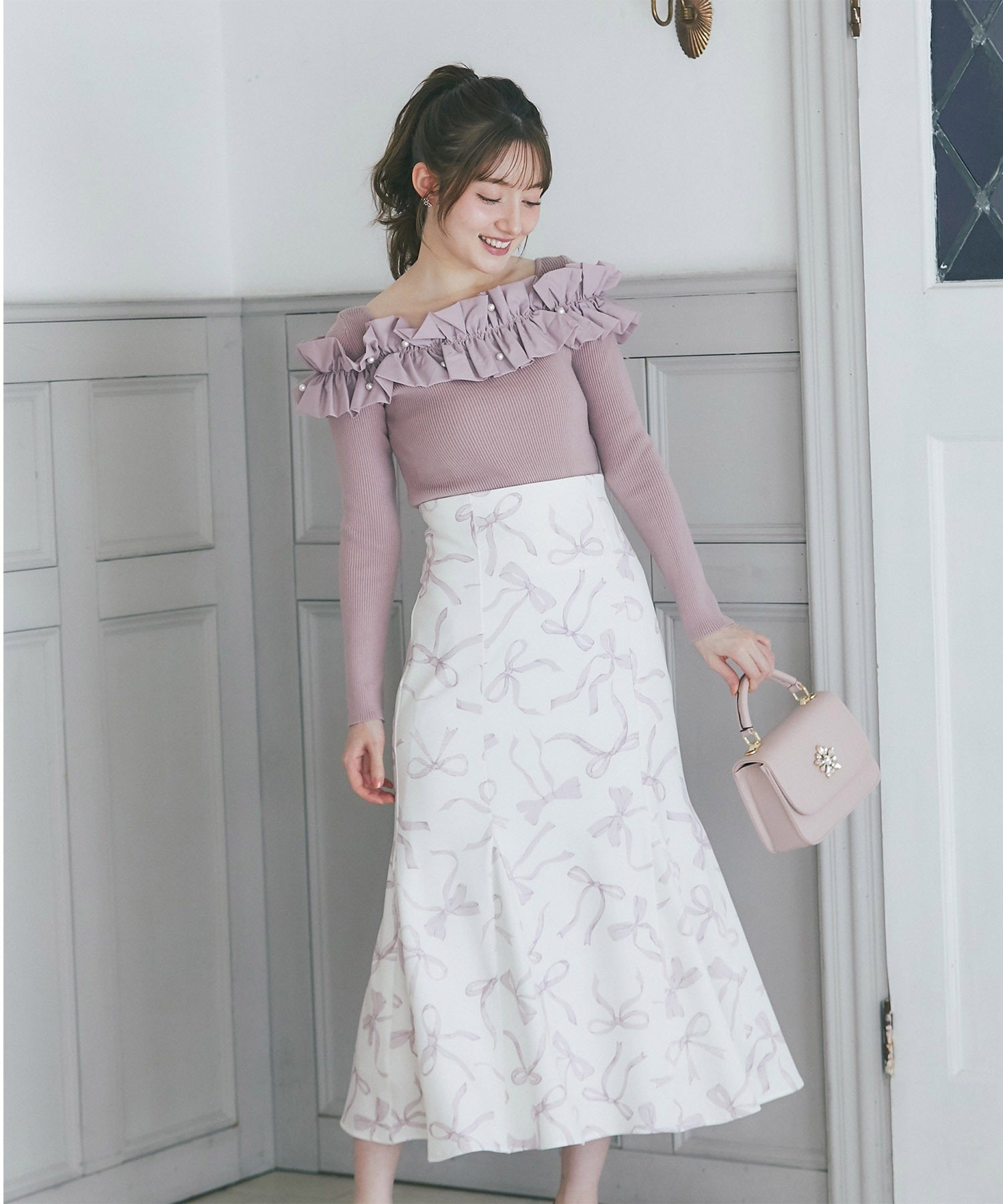 Tocco Closet Back Lace-Up Ribbon Print Mermaid Skirt