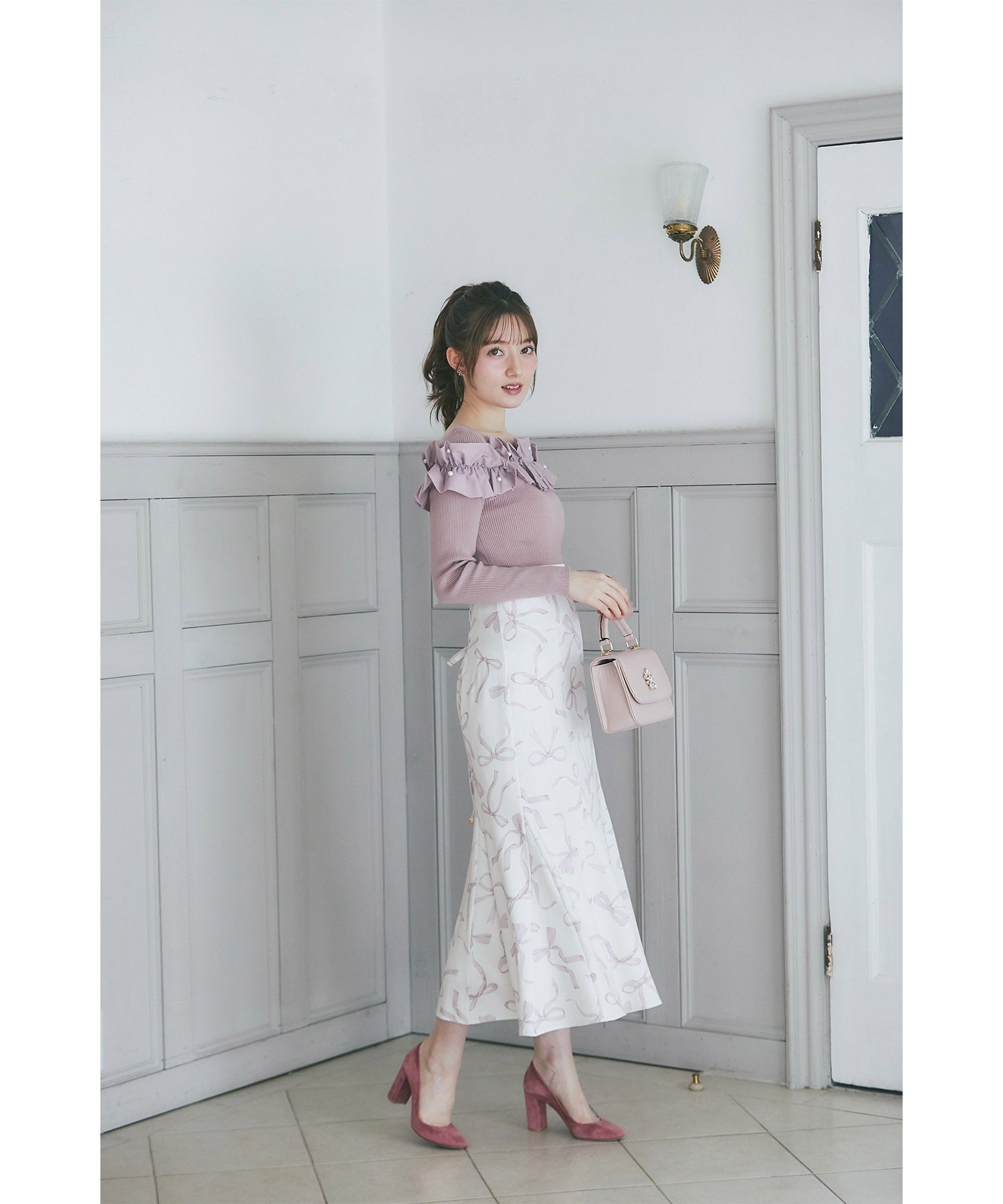 Tocco Closet Back Lace-Up Ribbon Print Mermaid Skirt