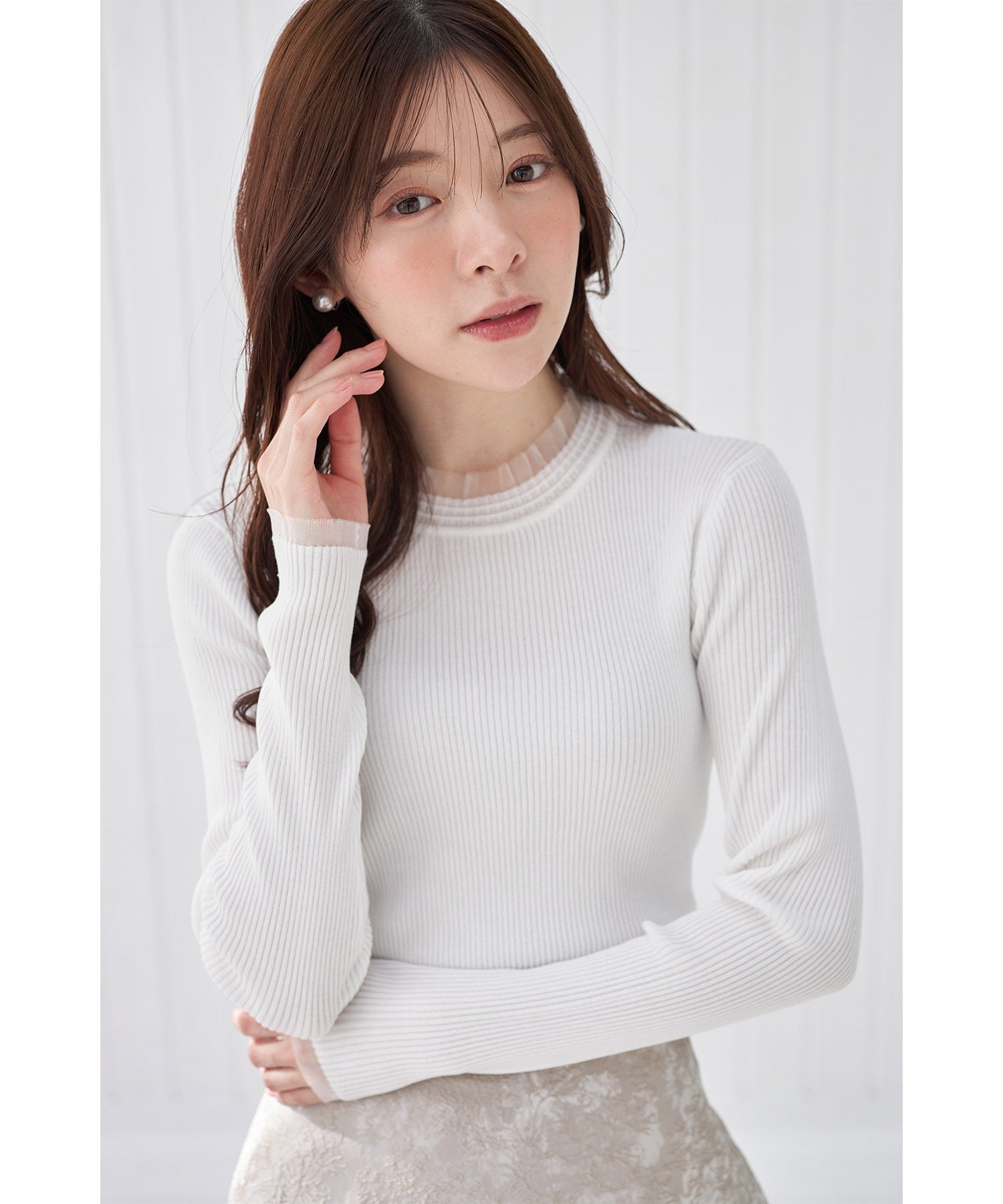 Tocco Closet Tulle Frill Switch Rib Knit Pullover