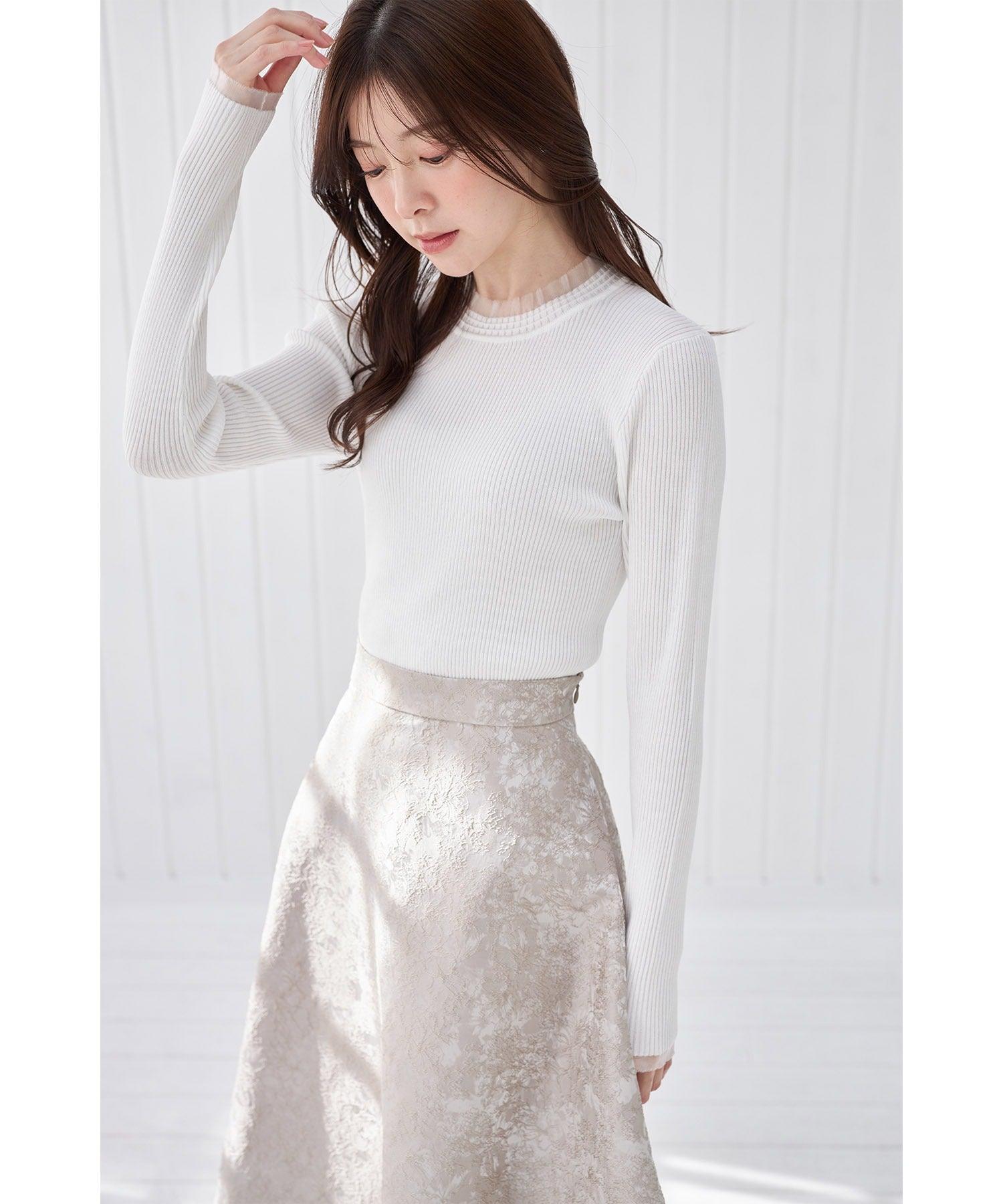 Tocco Closet Tulle Frill Switch Rib Knit Pullover