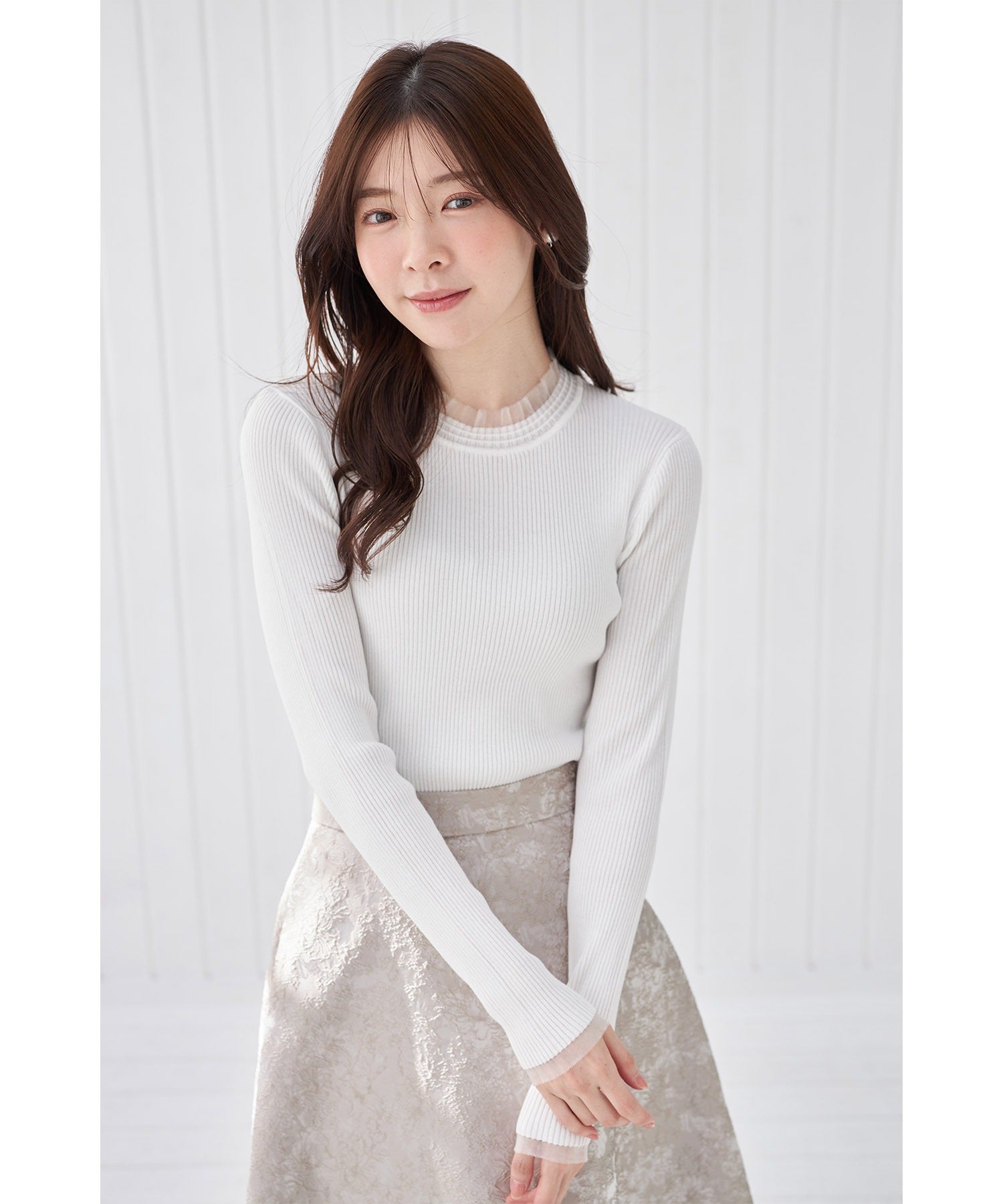 Tocco Closet Tulle Frill Switch Rib Knit Pullover