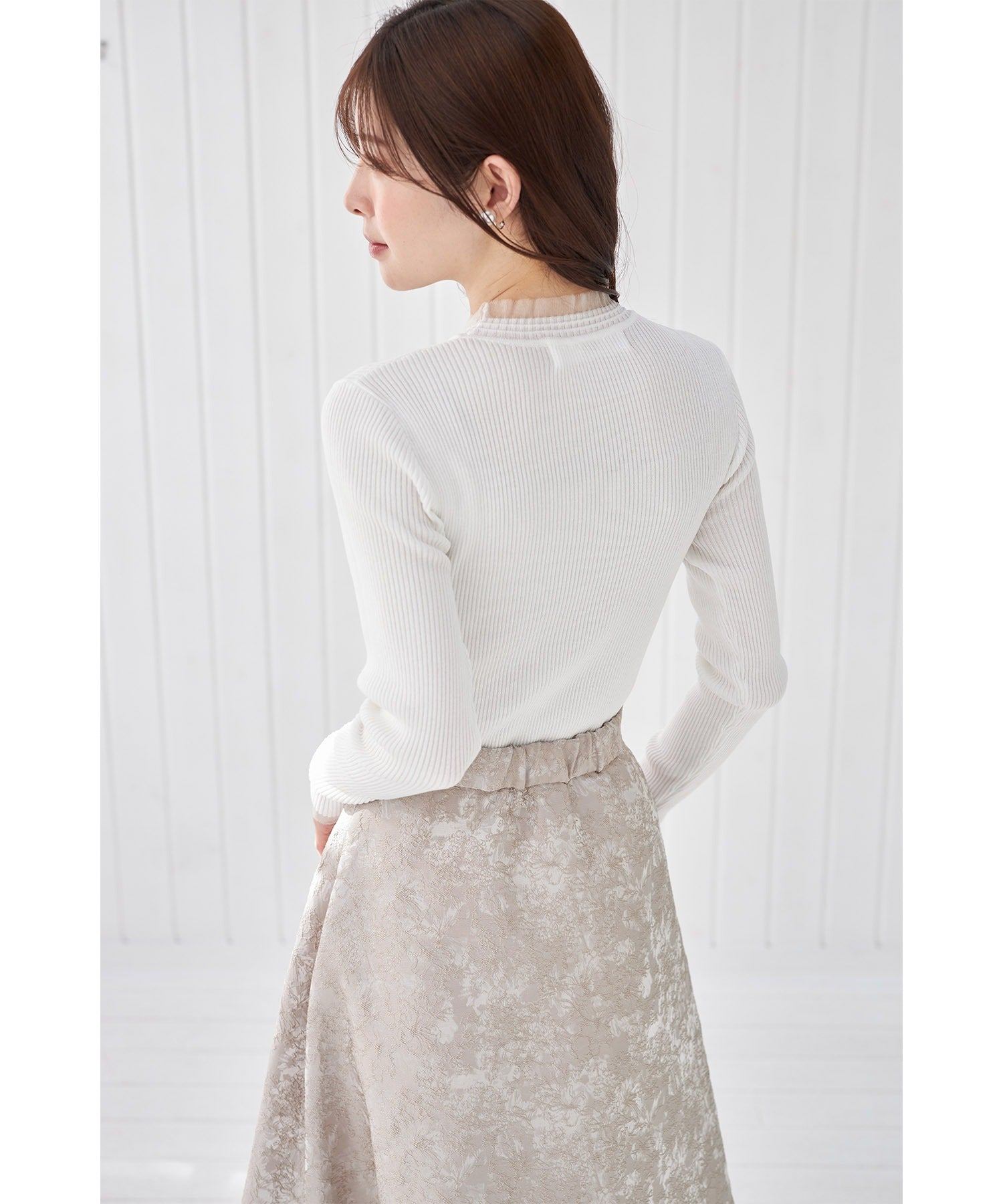 Tocco Closet Tulle Frill Switch Rib Knit Pullover