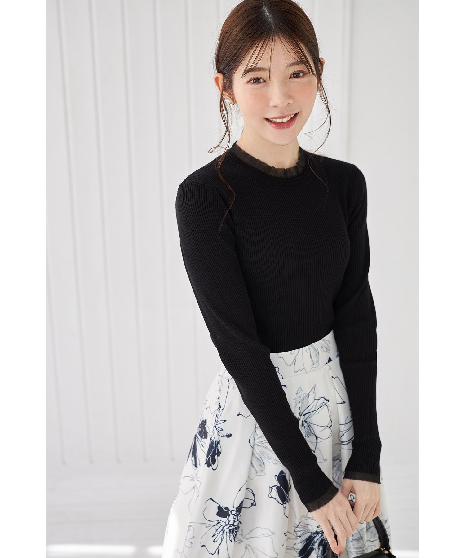 Tocco Closet Tulle Frill Switch Rib Knit Pullover