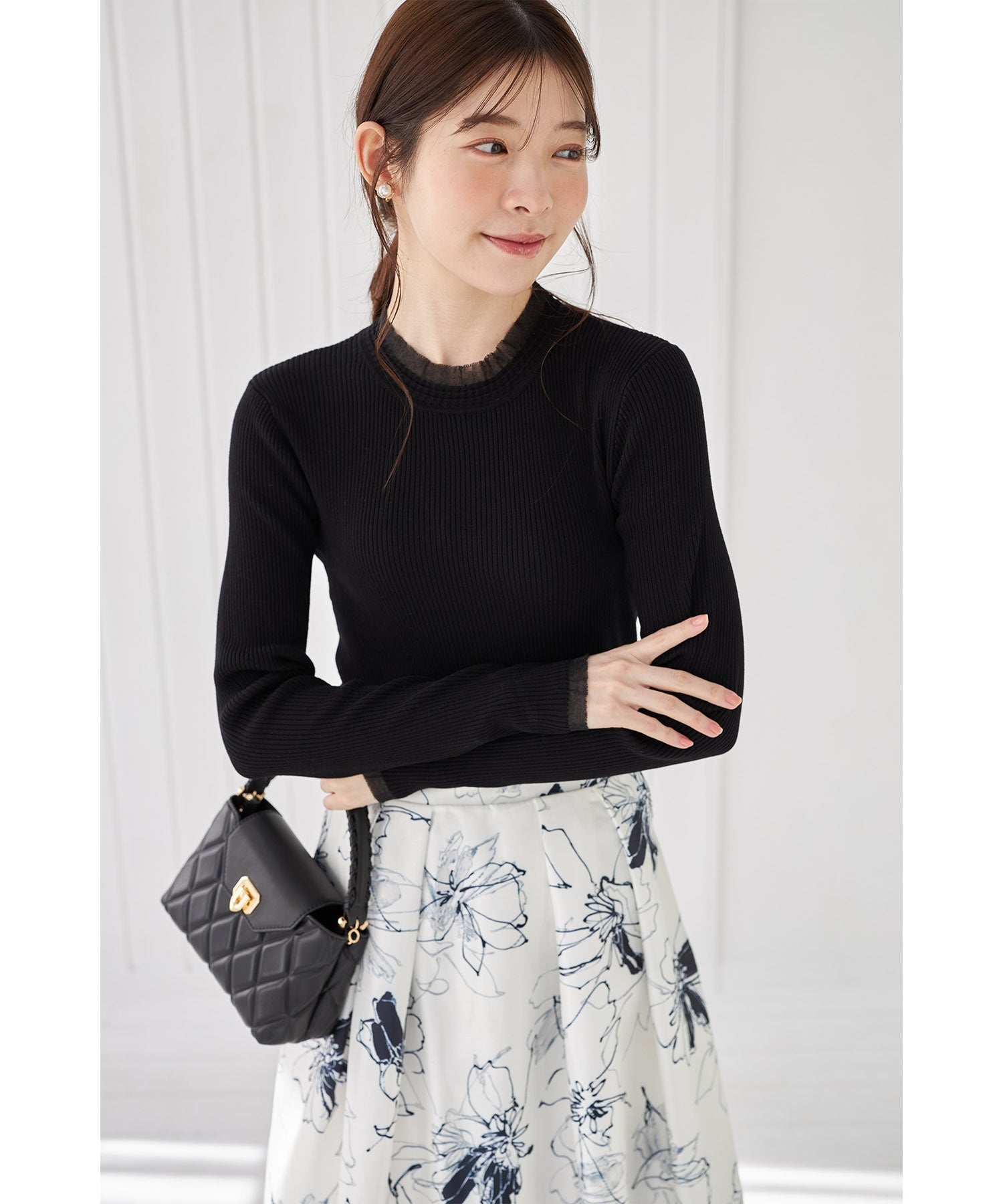 Tocco Closet Tulle Frill Switch Rib Knit Pullover