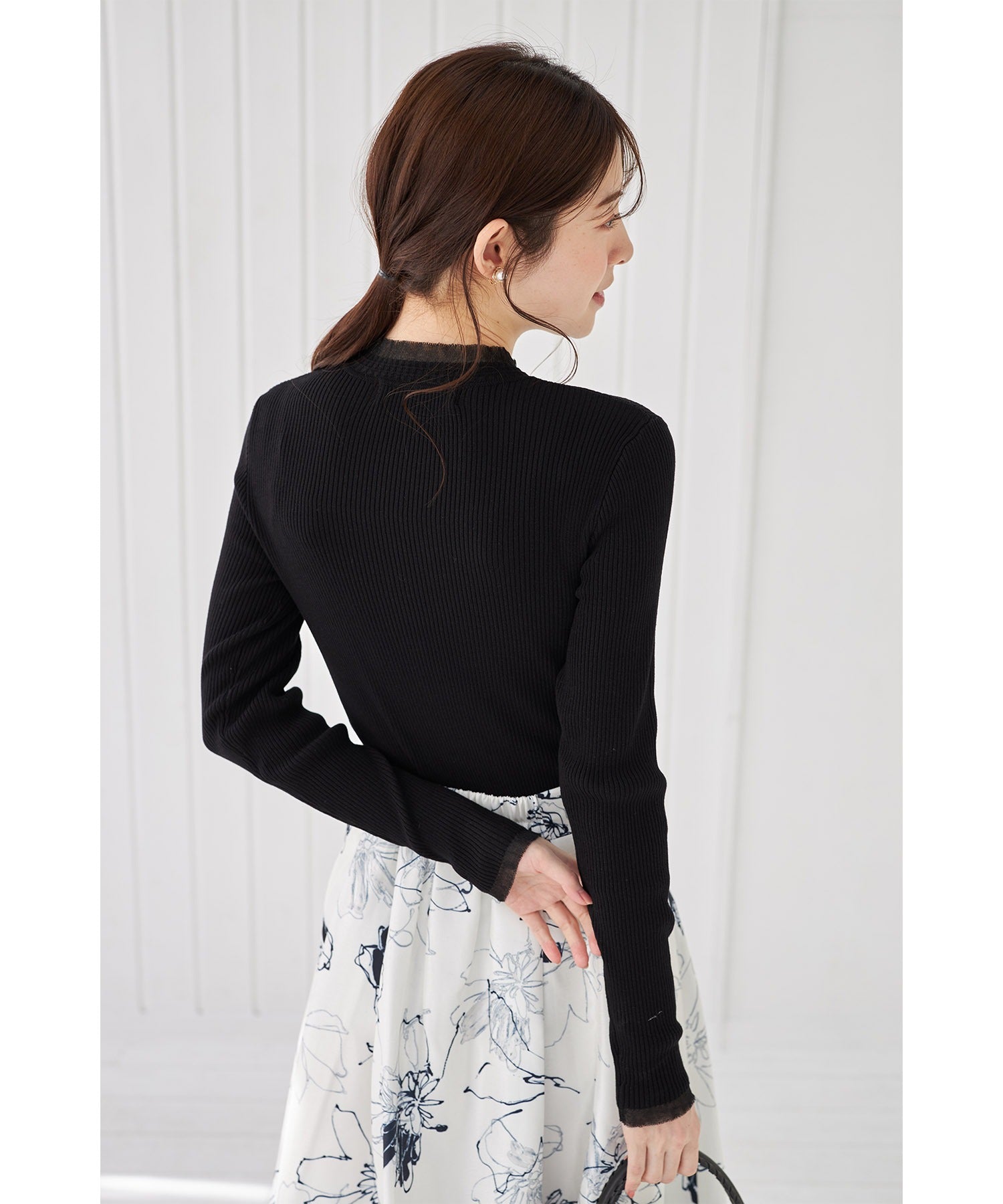 Tocco Closet Tulle Frill Switch Rib Knit Pullover