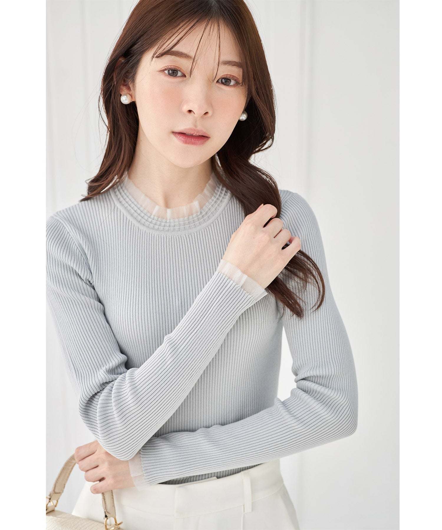 Tocco Closet Tulle Frill Switch Rib Knit Pullover