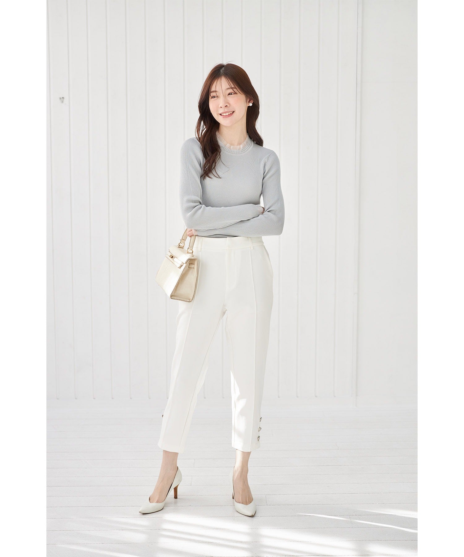 Tocco Closet Tulle Frill Switch Rib Knit Pullover