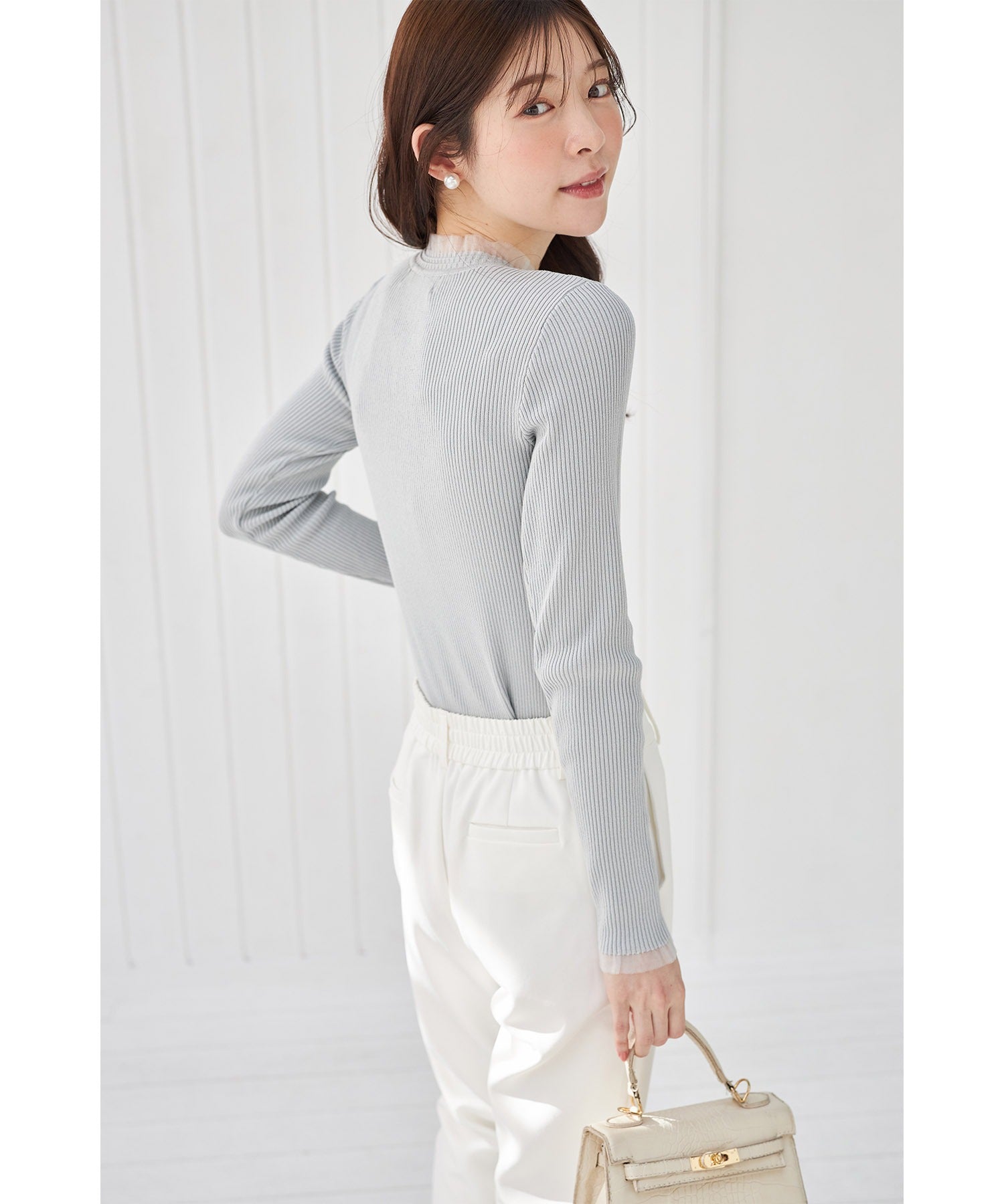 Tocco Closet Tulle Frill Switch Rib Knit Pullover