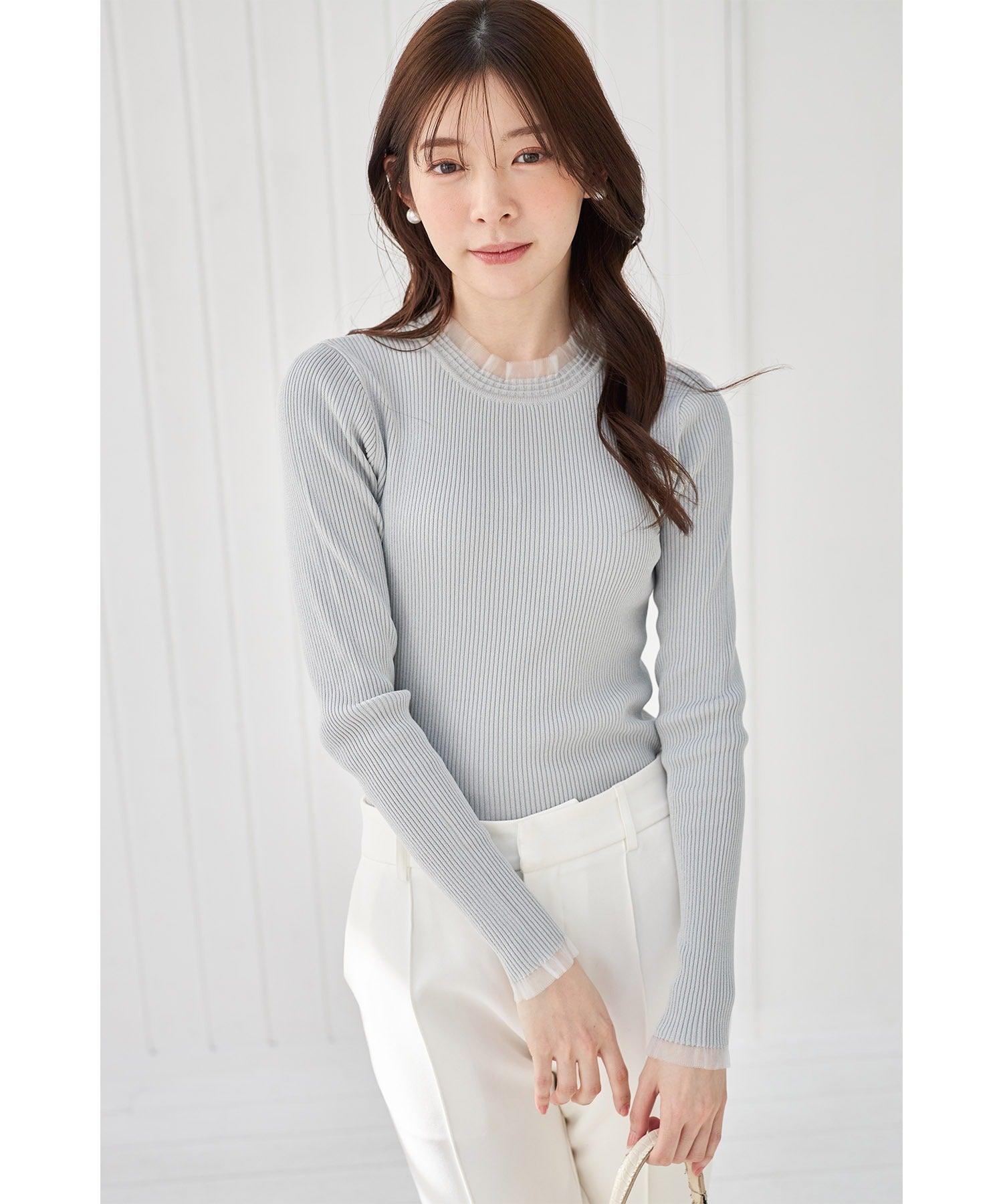 Tocco Closet Tulle Frill Switch Rib Knit Pullover