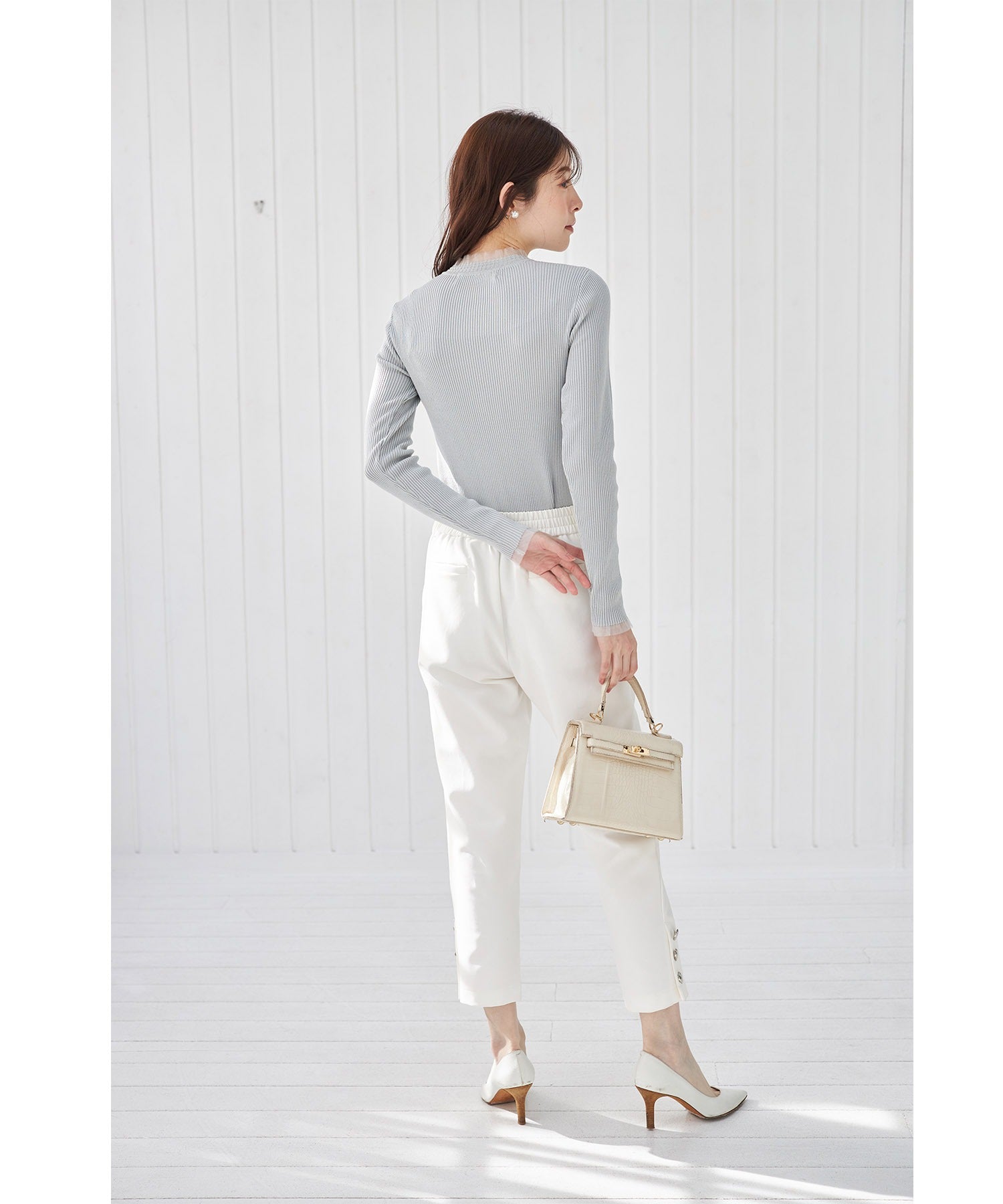 Tocco Closet Tulle Frill Switch Rib Knit Pullover