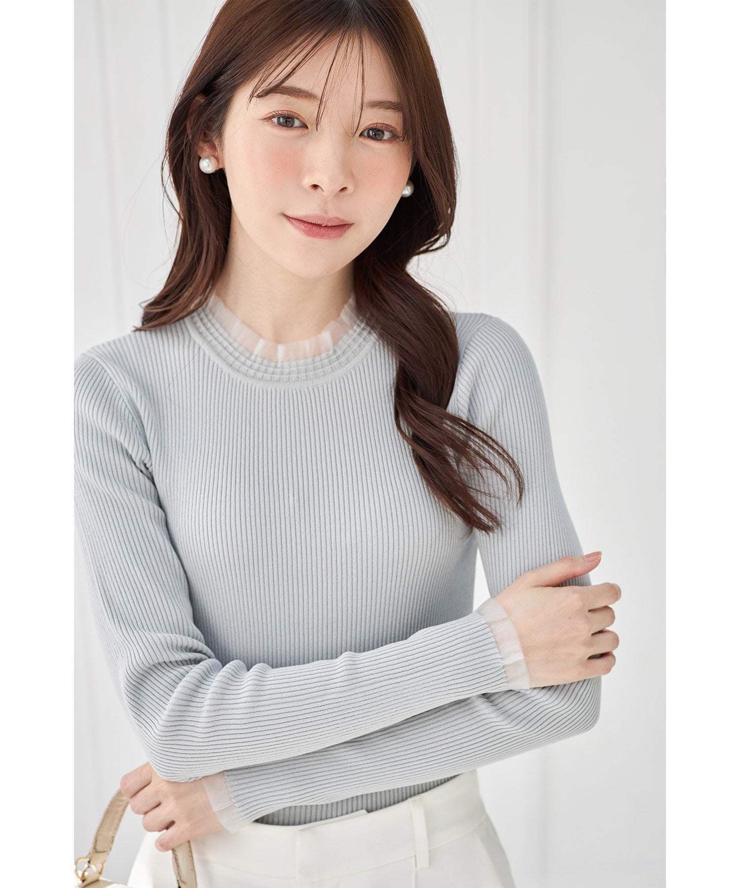 Tocco Closet Tulle Frill Switch Rib Knit Pullover