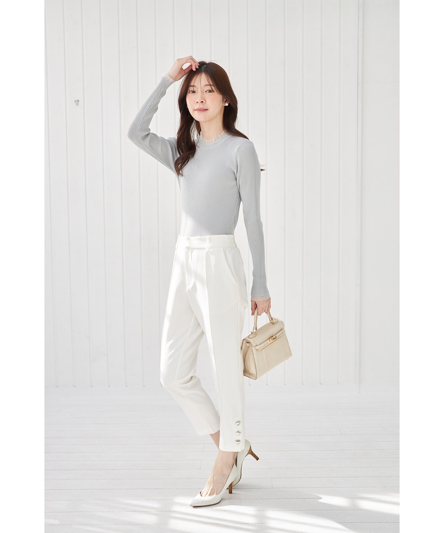 Tocco Closet Tulle Frill Switch Rib Knit Pullover