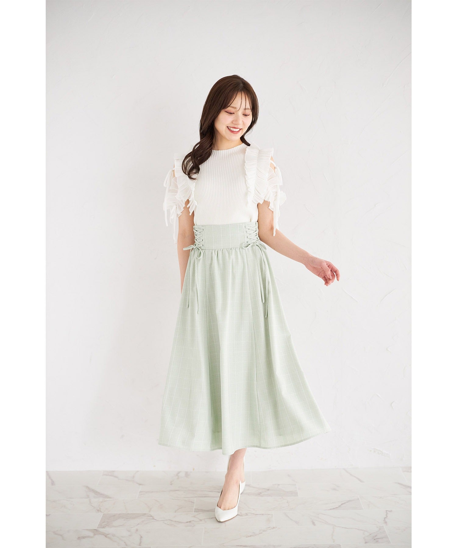 トッコクローゼット tocco closet サイドレースアップチェックスカート グリーン