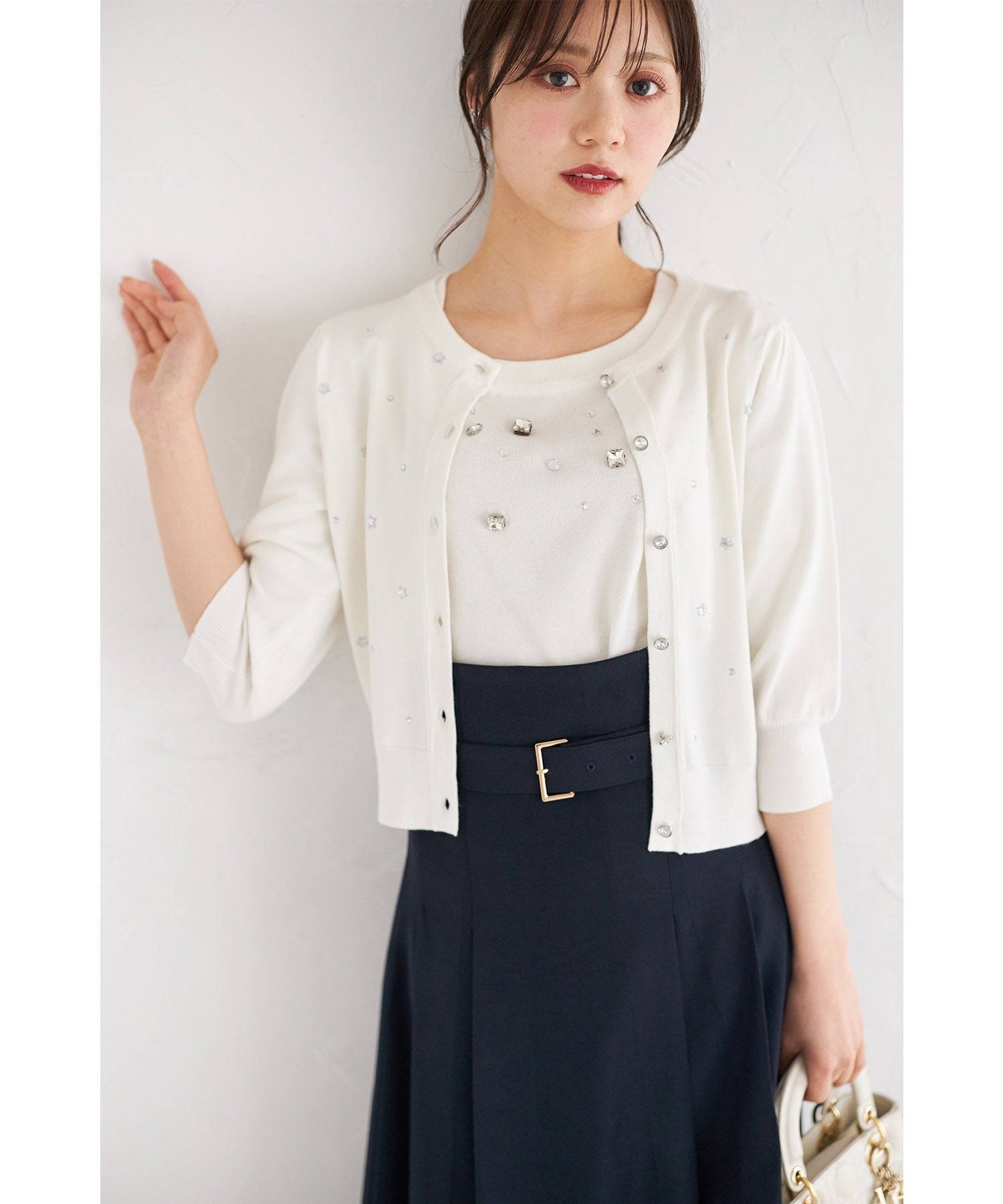 トッコクローゼット tocco closet エトワールビジュー付きニットカーディガン ホワイト