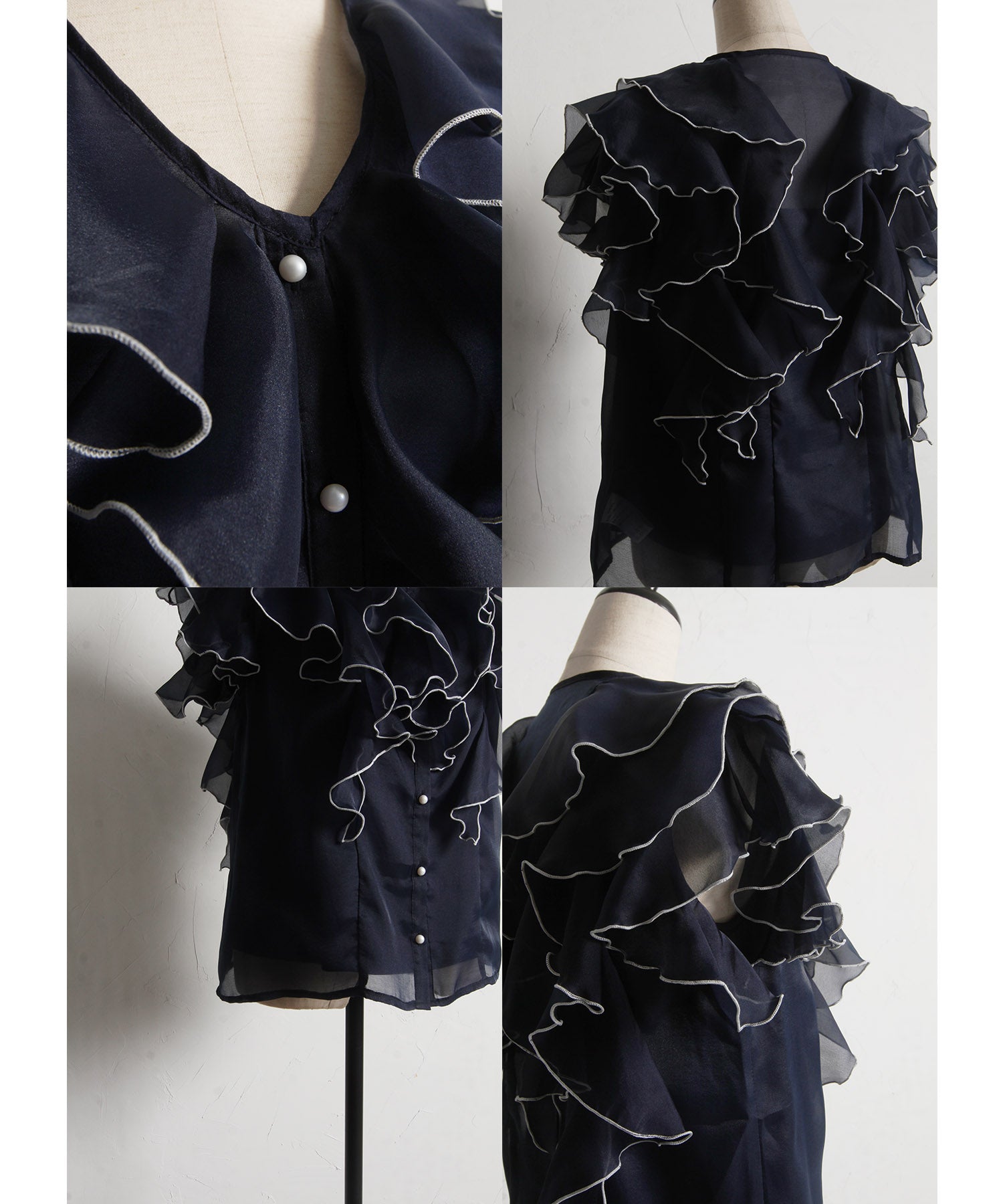 トッコクローゼット tocco closet キャミソール付きパールボタン配色ラッフルフリルオーガンジーブラウス ネイビー