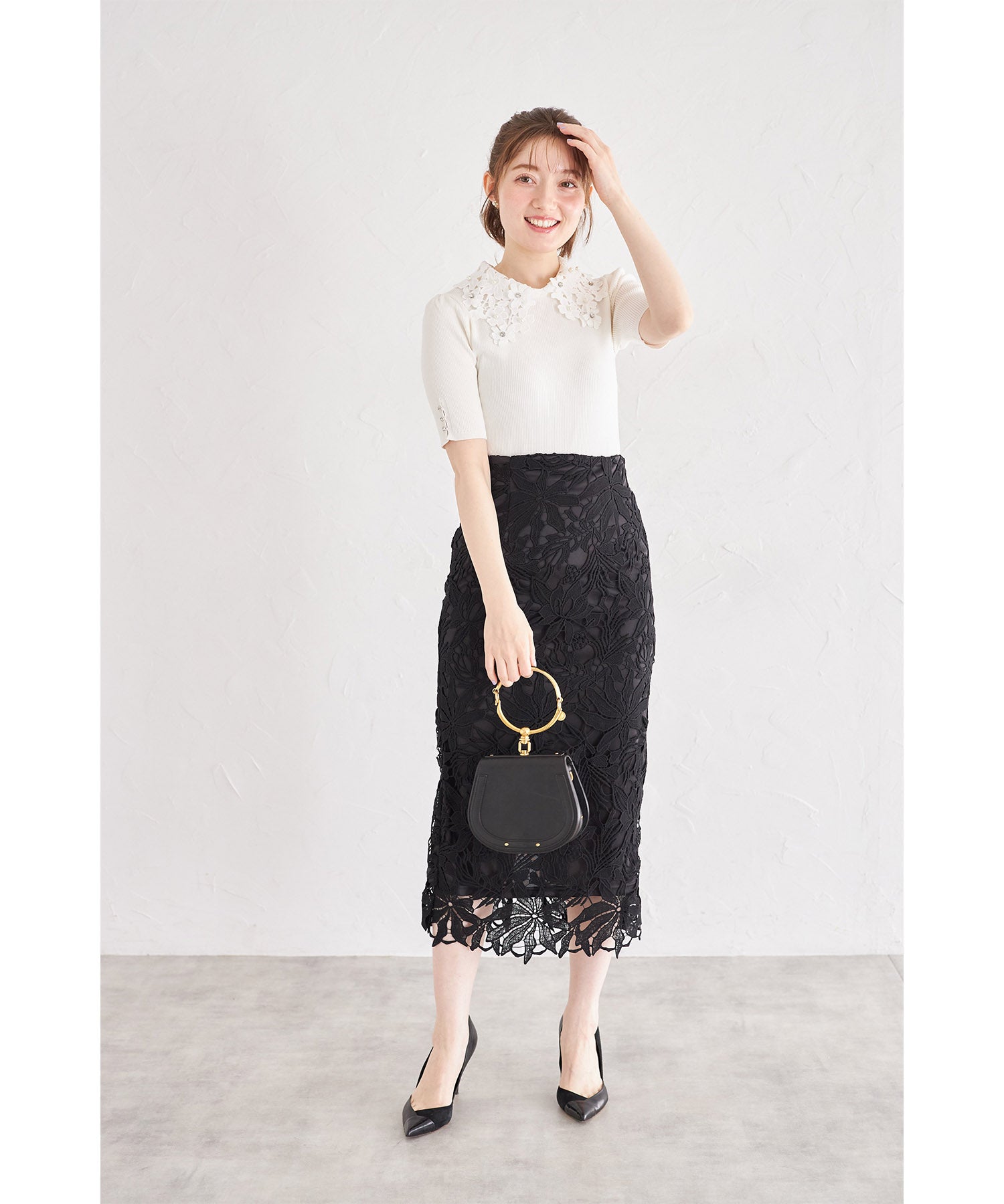 トッコクローゼット tocco closet 2WAYフラワーレース襟付きリブニットプルオーバー ホワイト