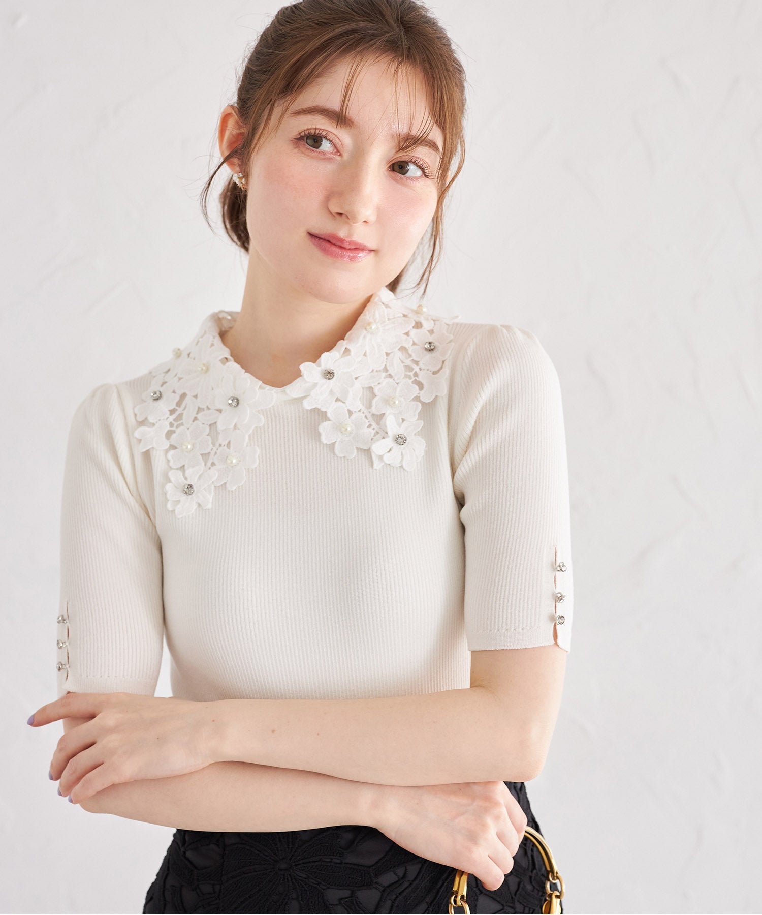 トッコクローゼット tocco closet 2WAYフラワーレース襟付きリブニットプルオーバー ホワイト