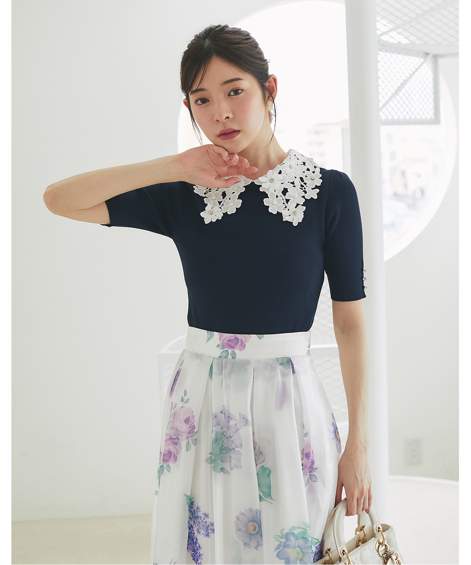 トッコクローゼット tocco closet 2WAYフラワーレース襟付きリブニットプルオーバー ネイビー
