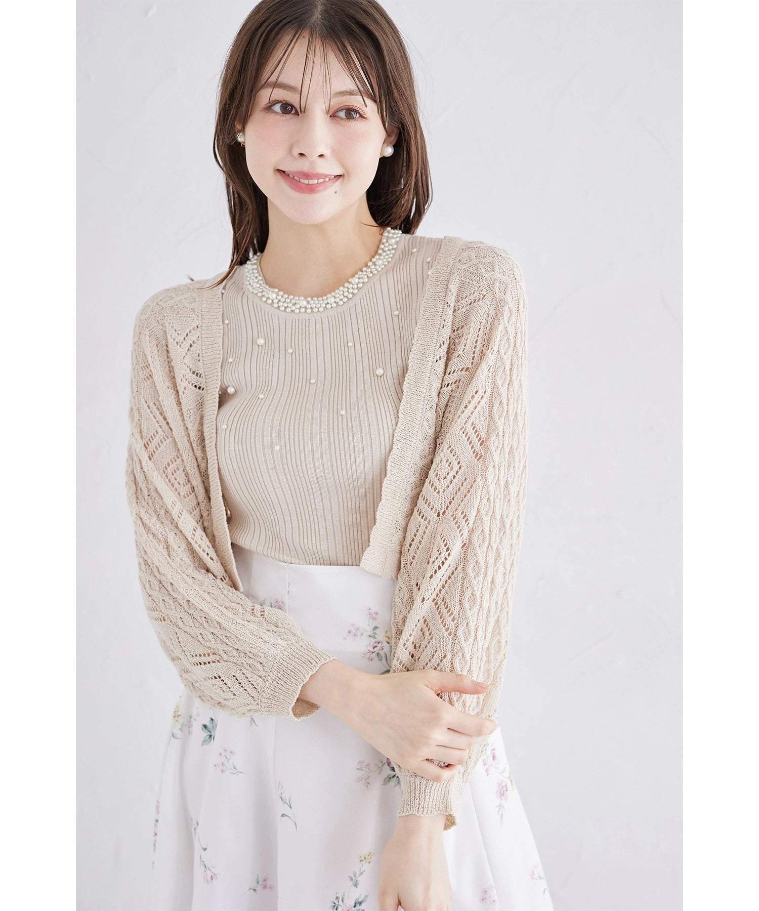 トッコクローゼット tocco closet カギ編みスカラップニットボレロ ベージュ