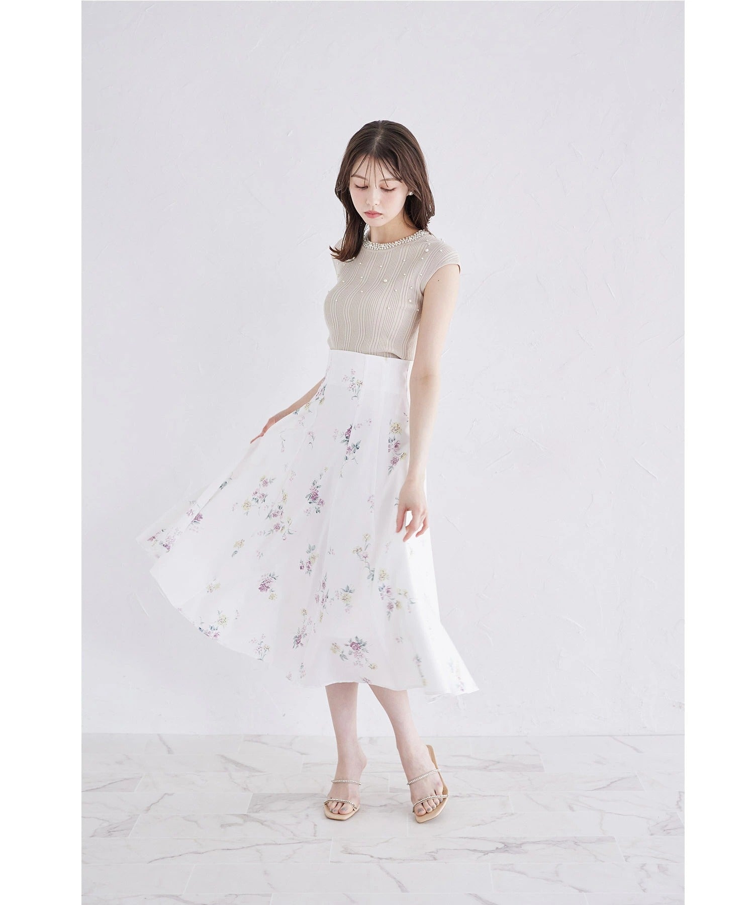 トッコクローゼット tocco closet フラワープリントハイウエストフレアスカート ピンク