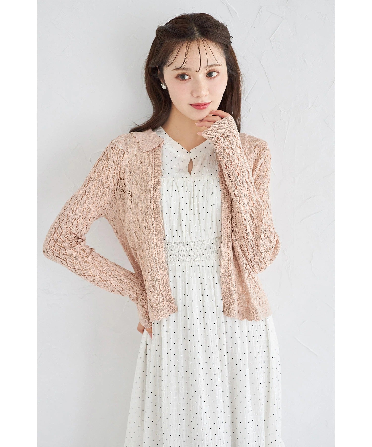 トッコクローゼット tocco closet 襟付きカギ編みスカラップニットカーディガン ピンク